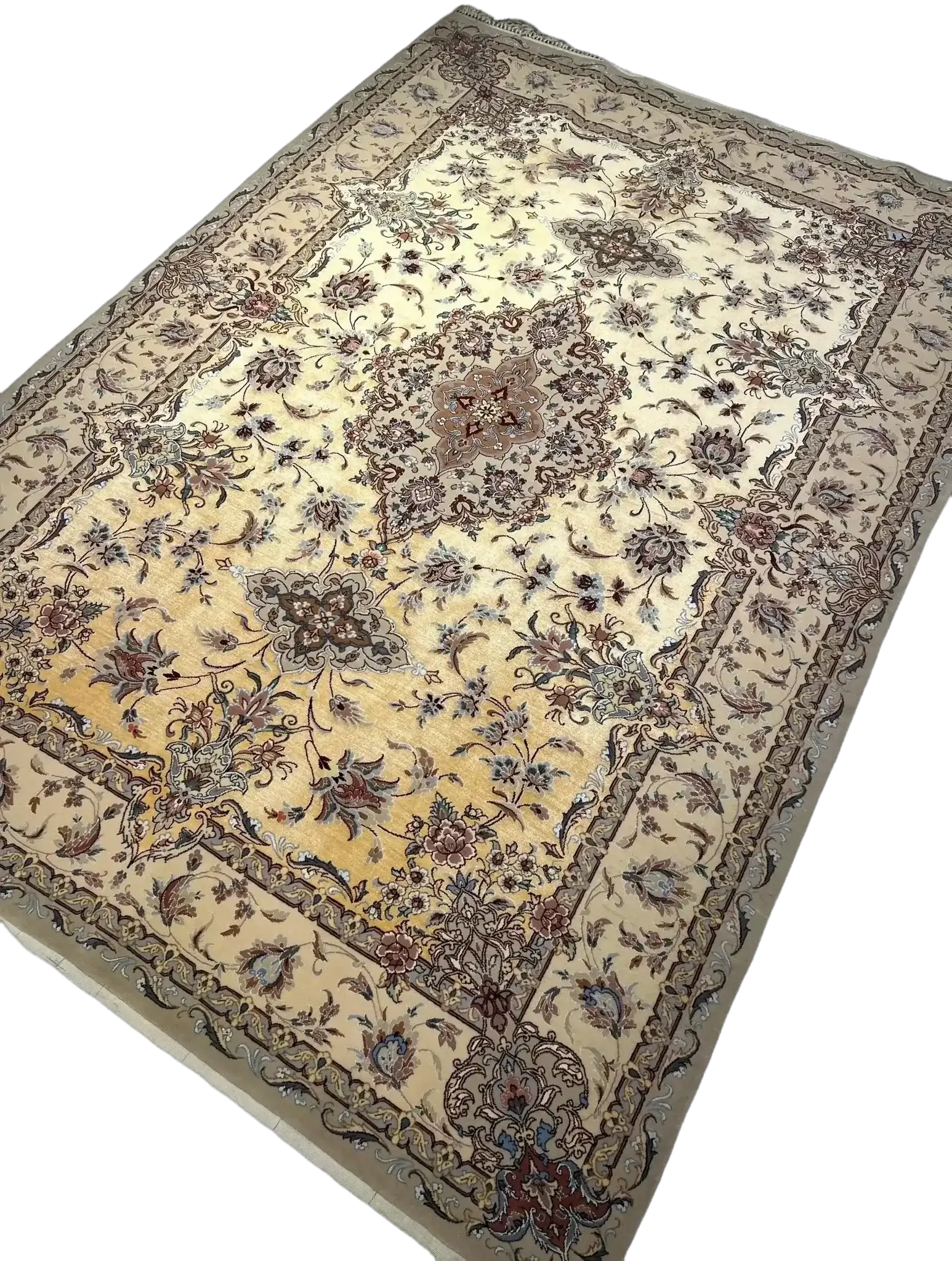 Elegant golden silk floor rug with intricate patterns