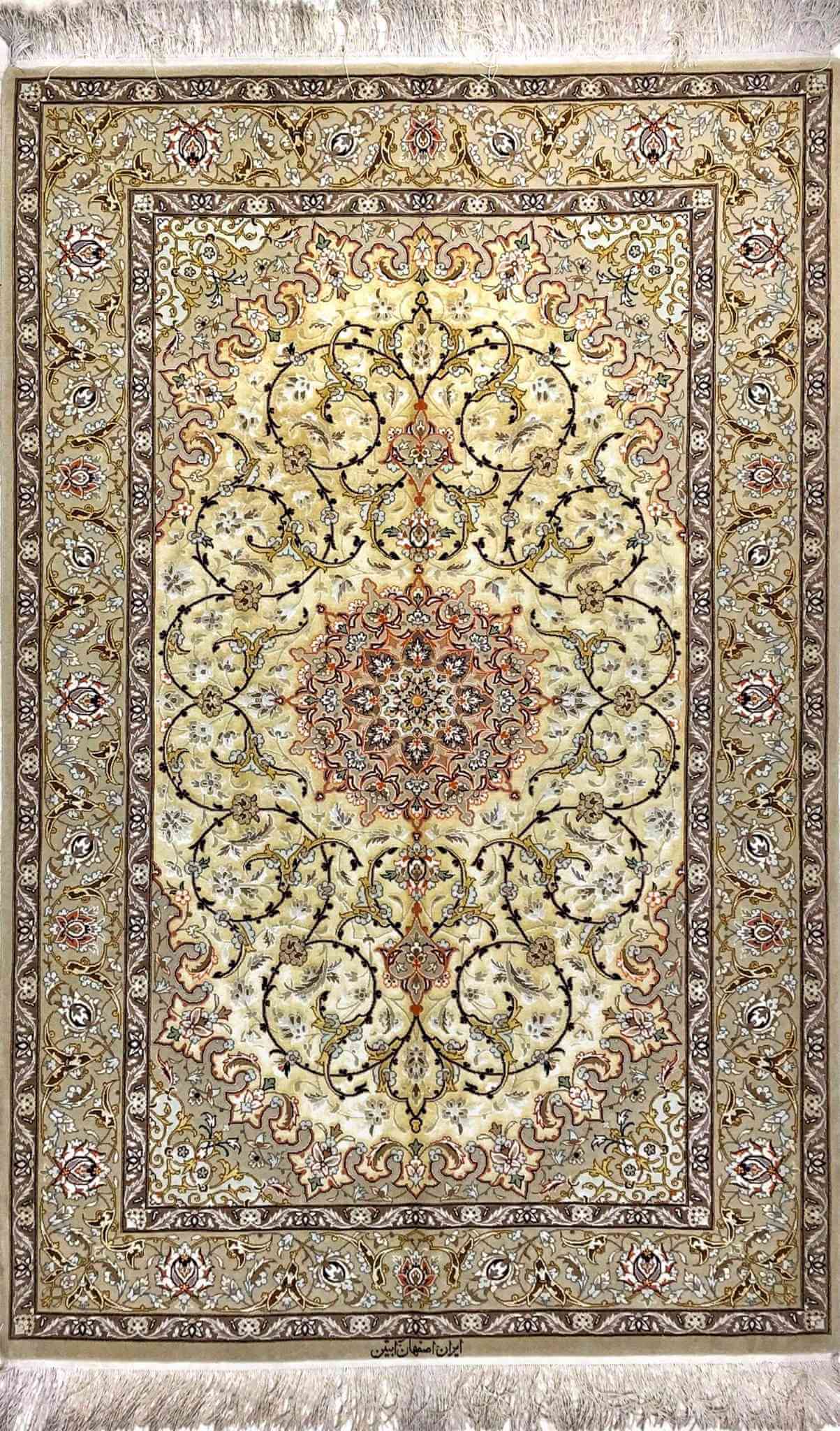 "New Isfahan hand-knotted Persian rug made of silk and wool, featuring intricate oriental designs. Knot density of 810,000 knots per square meter. Dimensions: 204 x 130 cm (6.7 x 4.2 feet). Luxurious and durable handcrafted rug, ideal for home decor."