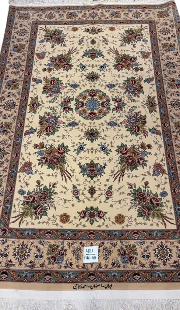 "Hand-knotted Persian Isfahan rug by Master Ahmad Zojaji, featuring vibrant floral patterns in wool and silk, measuring 170 cm x 110 cm with a knot density of 1,000,000 knots per square meter."