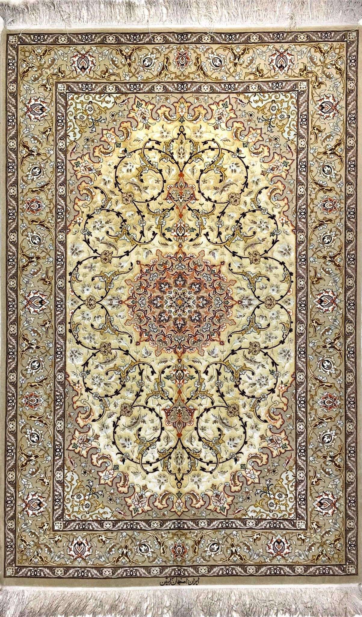 "Elegant Isfahan Persian rug featuring a floral medallion, hand-knotted by Abteen."

