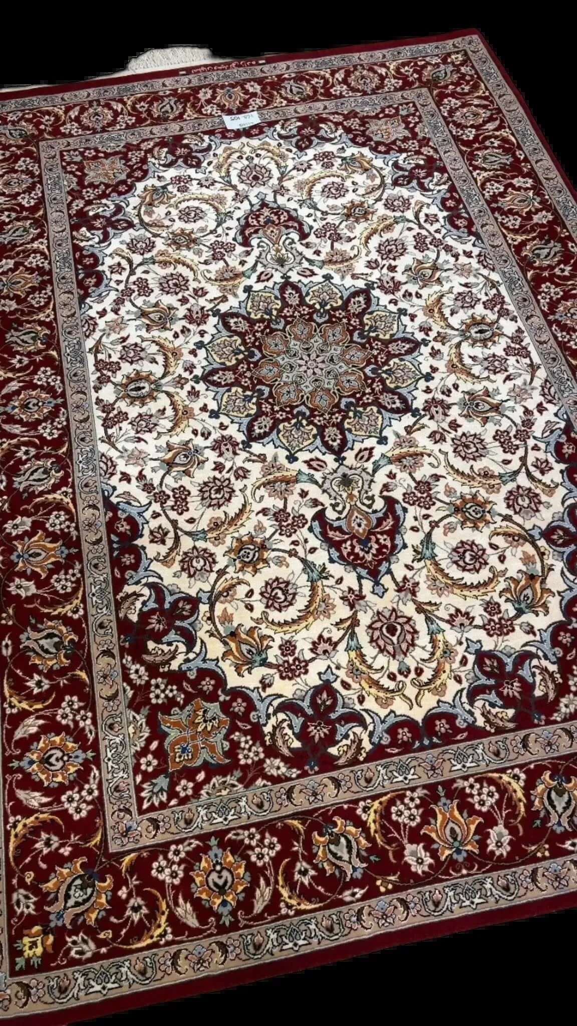 "Persian rugs for sale online. Explore handmade silk and wool rugs with intricate designs, including this Isfahan Persian rug. Perfect for traditional and modern interiors."

