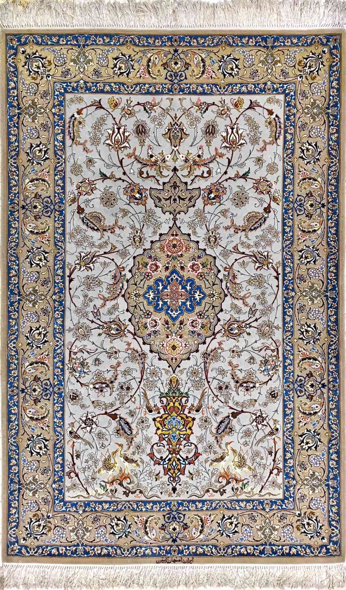 "Hand-knotted Irani rug in light grey, made from silk and wool, featuring intricate Persian patterns. Size: 170 cm x 110 cm (5.6 feet x 3.6 feet), knot density of 810,000 knots/m². Luxurious Isfahan rug for home decor."