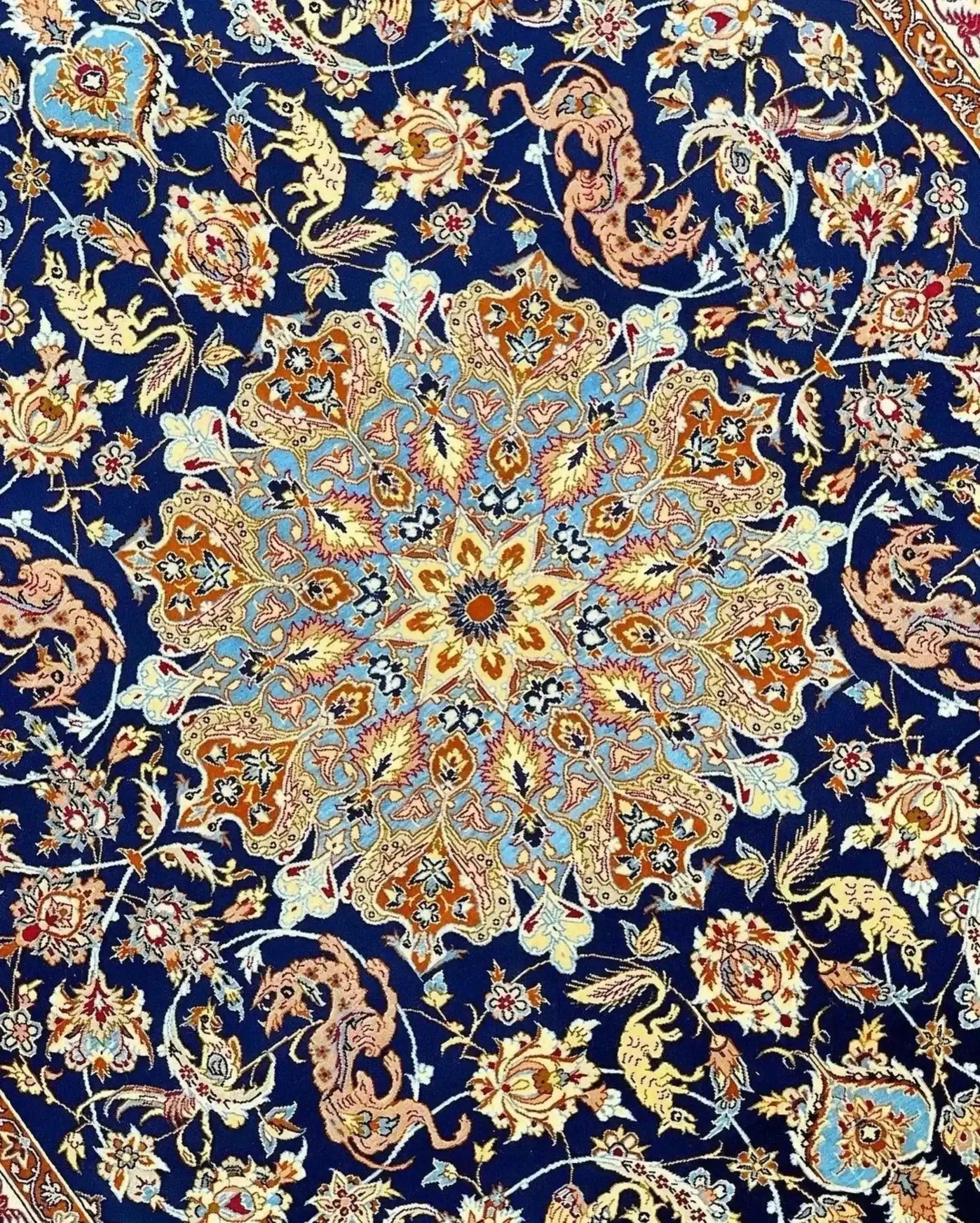 Luxury vintage Persian rug, handwoven with intricate floral and medallion patterns, available for sale.
