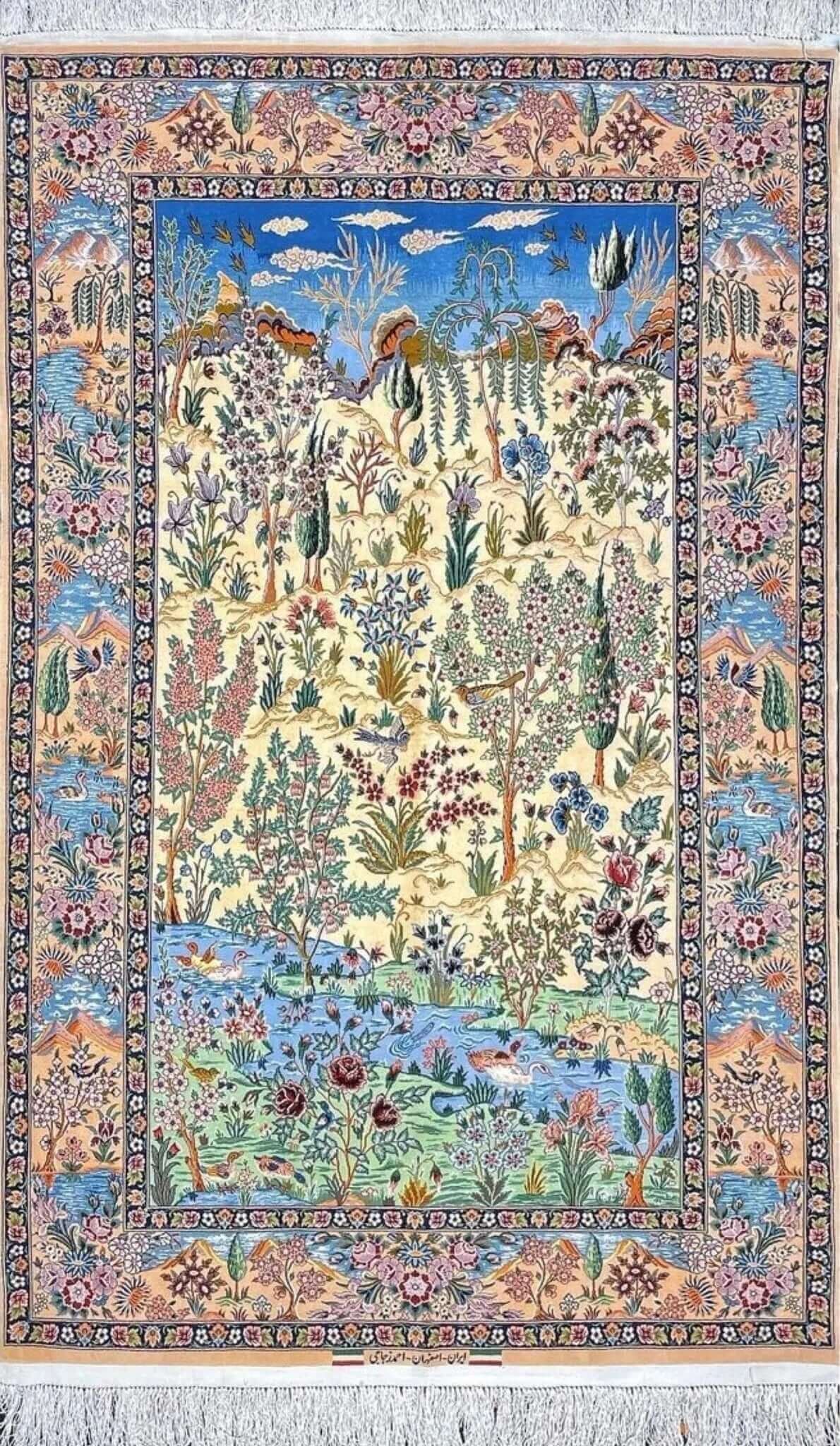 "Hand-knotted Isfahan Persian rug by Master Zojaji, featuring an intricate landscape and nature-inspired design."