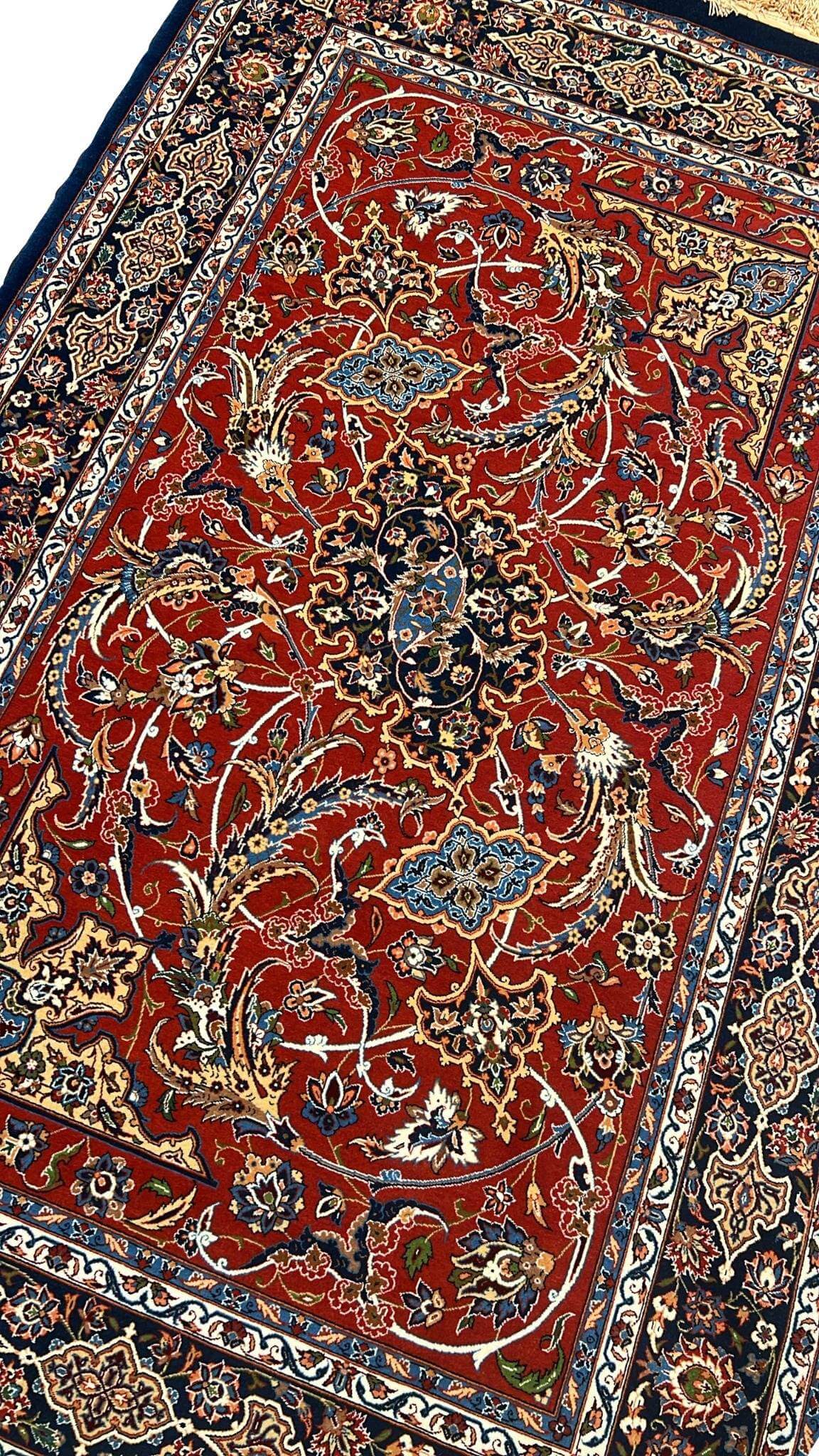 "Isfahan Persian rug for sale – Handwoven silk and wool masterpiece by Ahmad Shahabpour, 5.3x3.5 feet"
