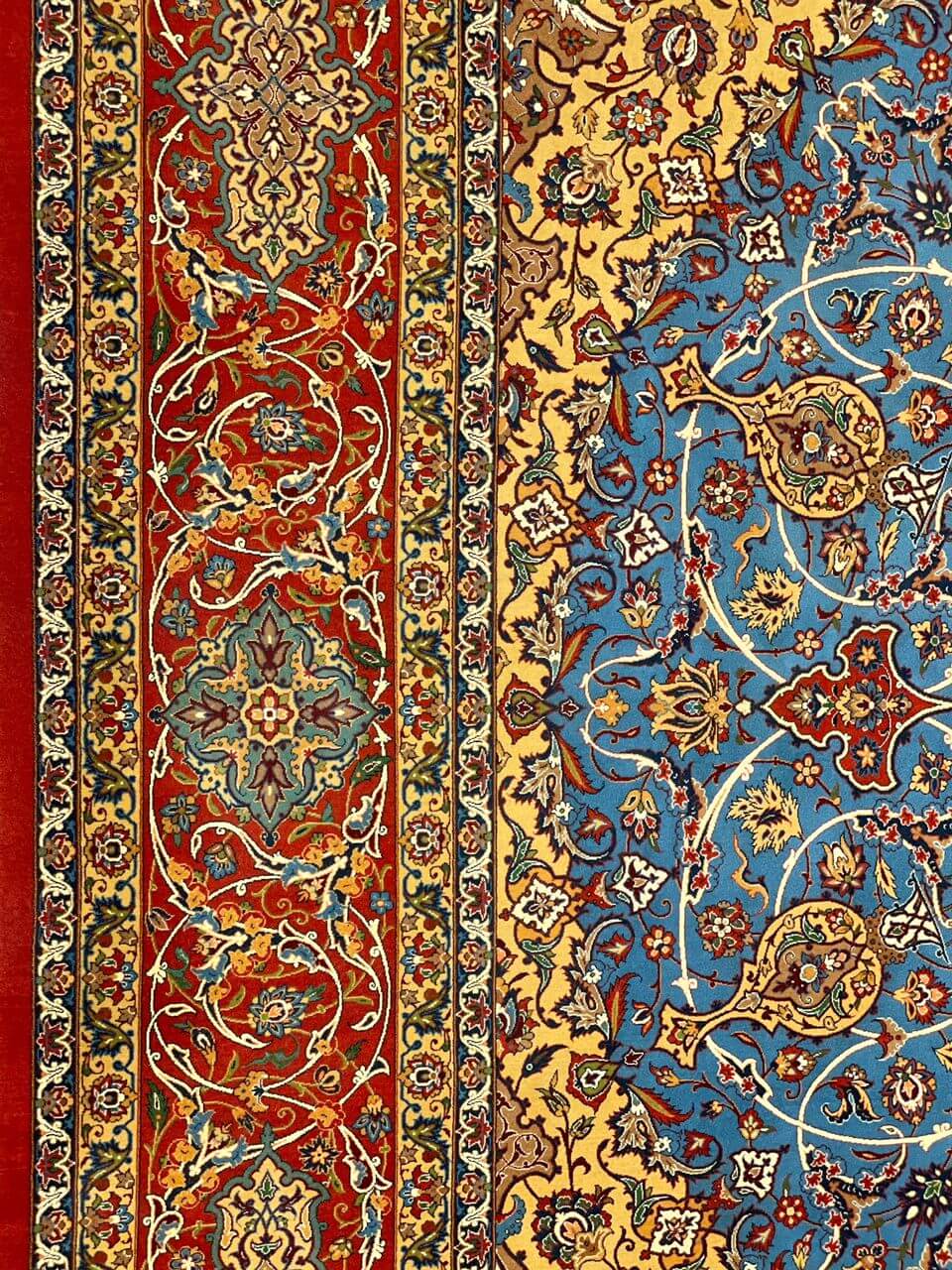 "Authentic Persian rug laid flat, 250x250 cm, red and blue with intricate designs."
