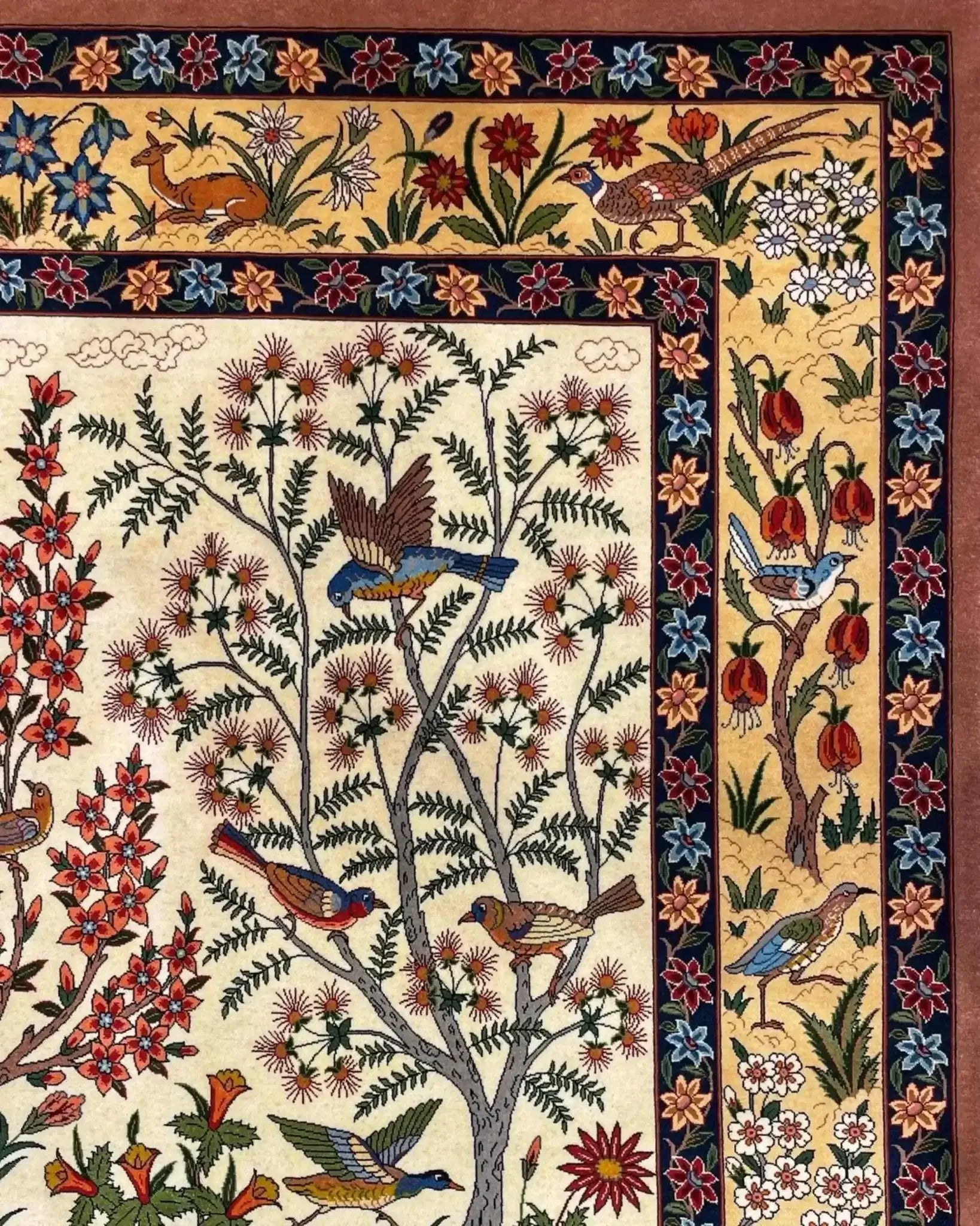 "Authentic Persian area rug by Grand Master Shahabpour, featuring intricate designs, handwoven in Isfahan, 150 x 100 cm."
