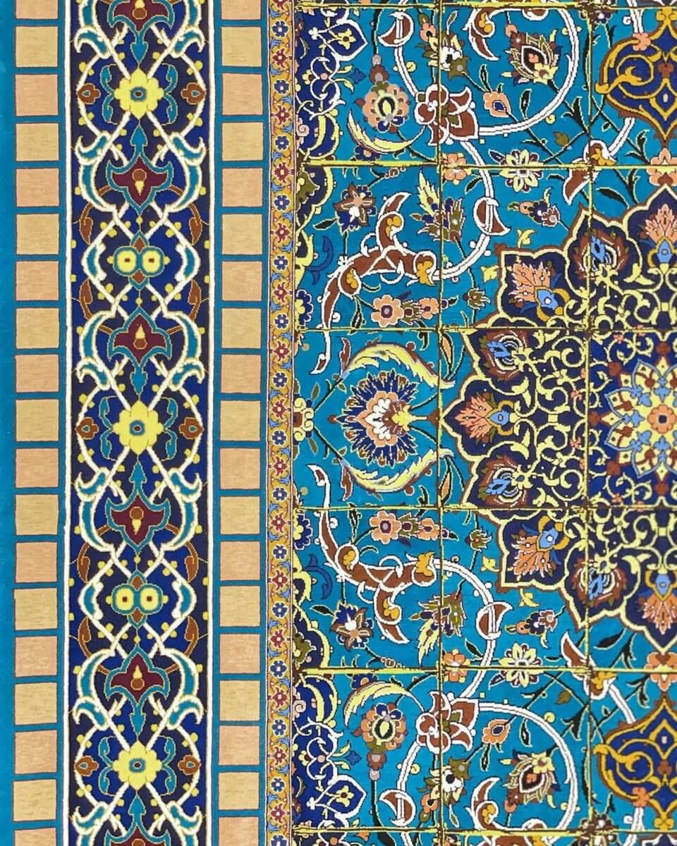 "Persian Isfahan rug with 1,000,000 knots per square meter, luxurious wool and silk pile."