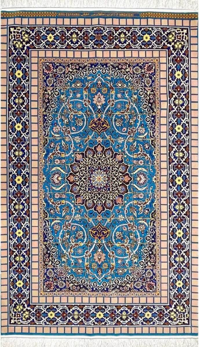 "Full view of the handmade silk and wool Persian rug, crafted by Grandmaster Haghighie."
