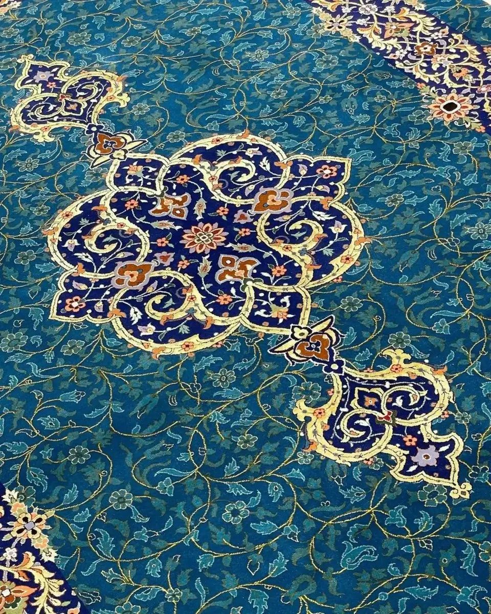 "Detailed view of Persian rug’s unique pattern and fine knot density"

