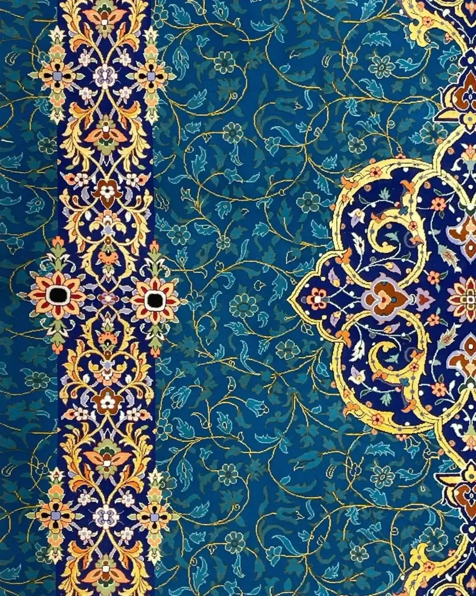 Exquisite Handwoven Persian Rug - Full view of a luxurious Persian rug, featuring intricate floral and medallion patterns in shades of blue, gold, and red, handmade with silk and wool.

