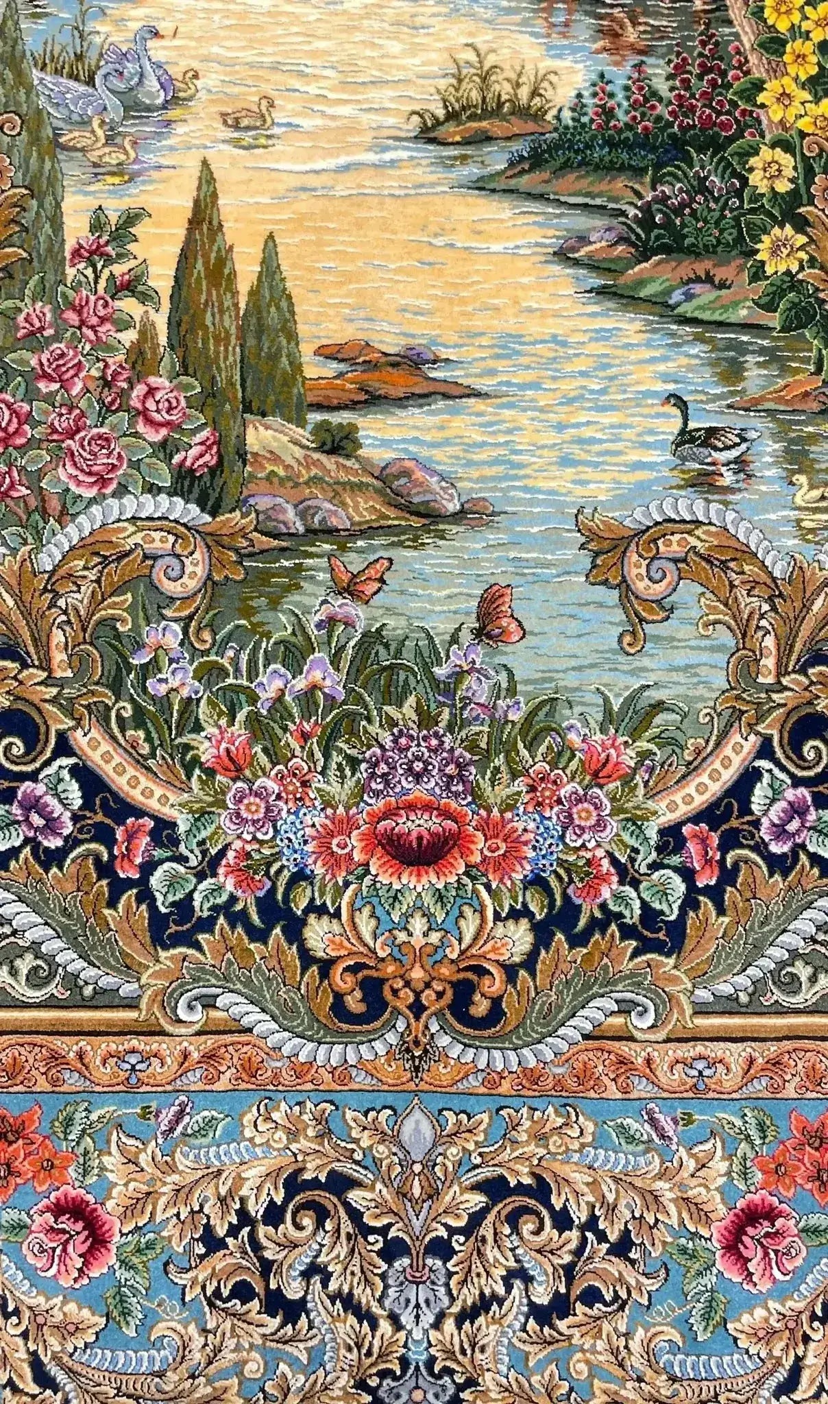 "Mirzaie Pictorial Persian rug – High knot density, 1,210,000 knots per square meter, silk warp"
