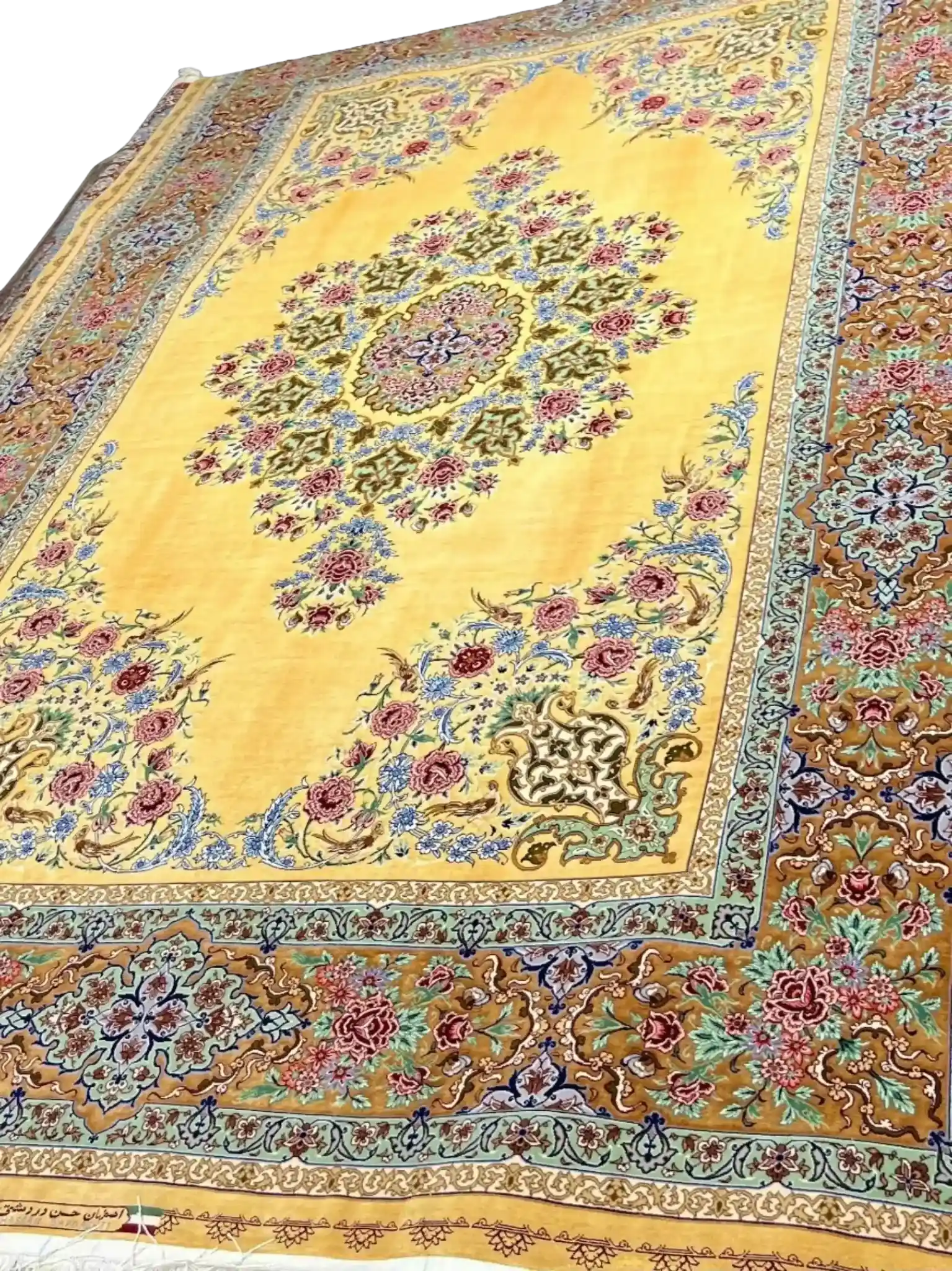 Silk oriental rug showcasing a unique yellow and blue floral design