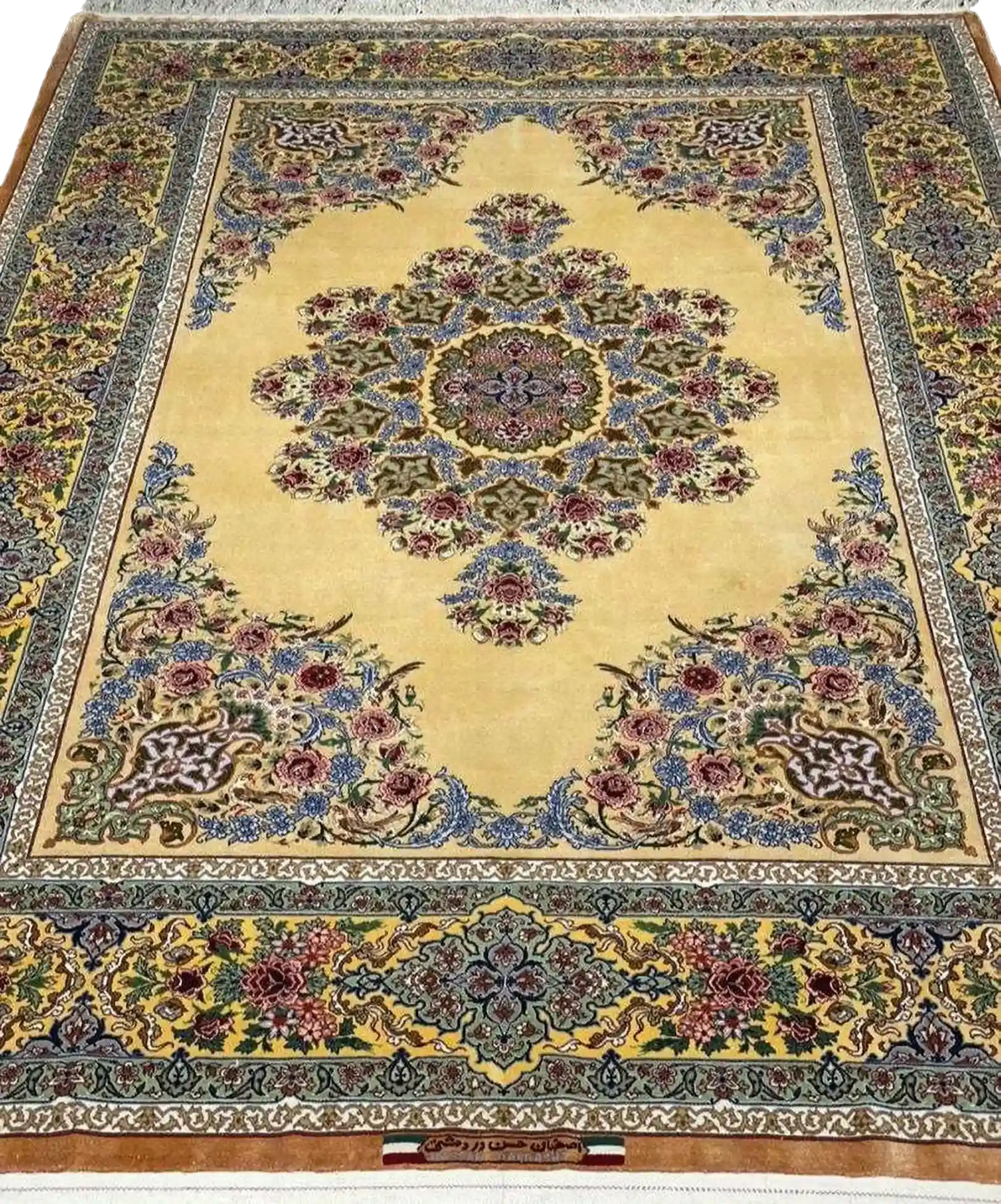 Handcrafted silk rug with intricate floral patterns