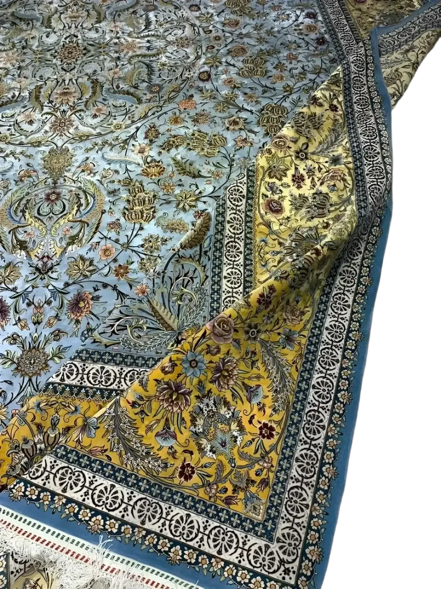 "High-quality hand-knotted Persian rug, showcasing traditional floral designs and bold colors, made by skilled artisans in Iran."