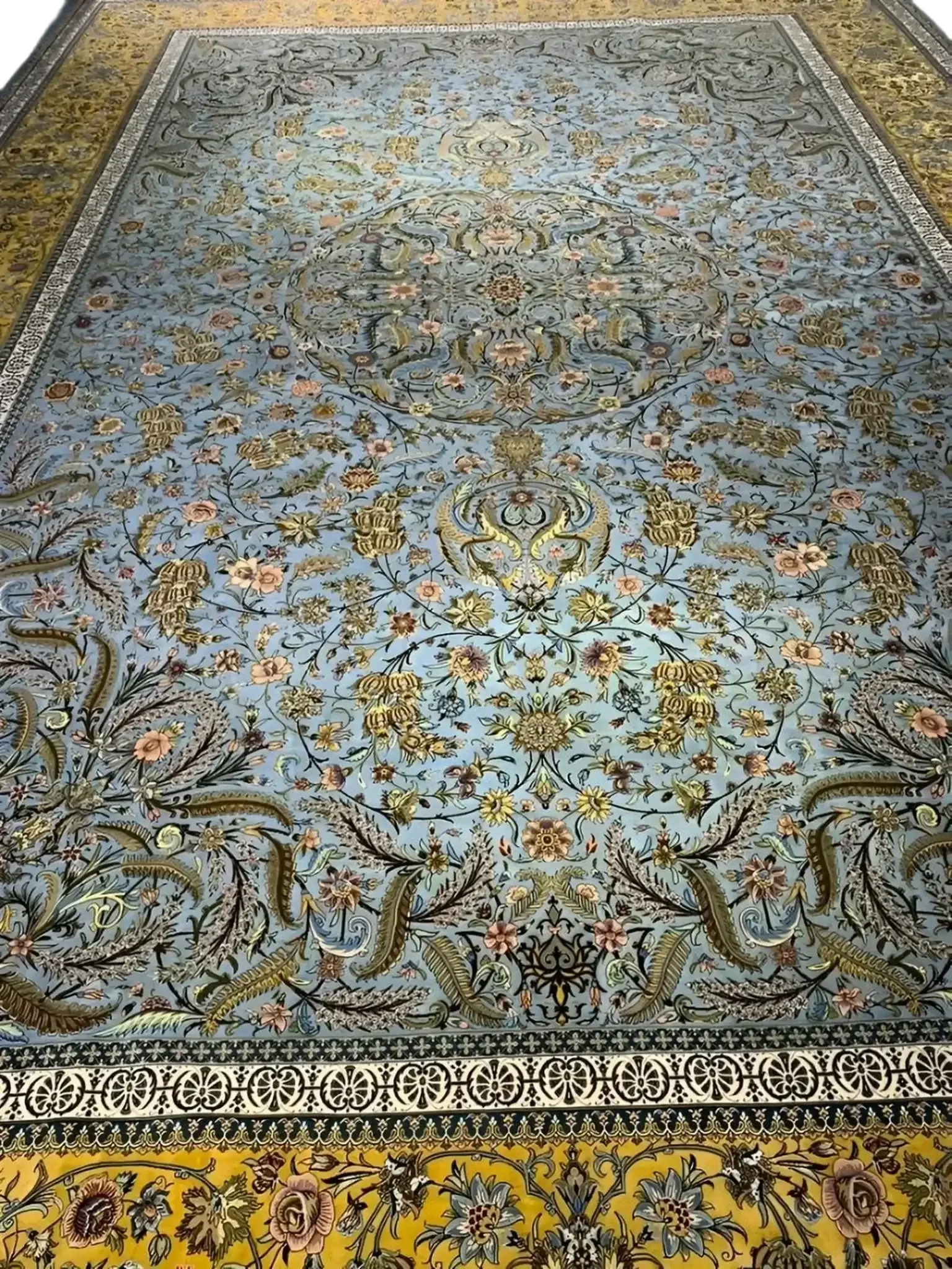 "Authentic Persian rug with complex floral patterns, skillfully hand-knotted by artisans in Iran, blending tradition with artistry."