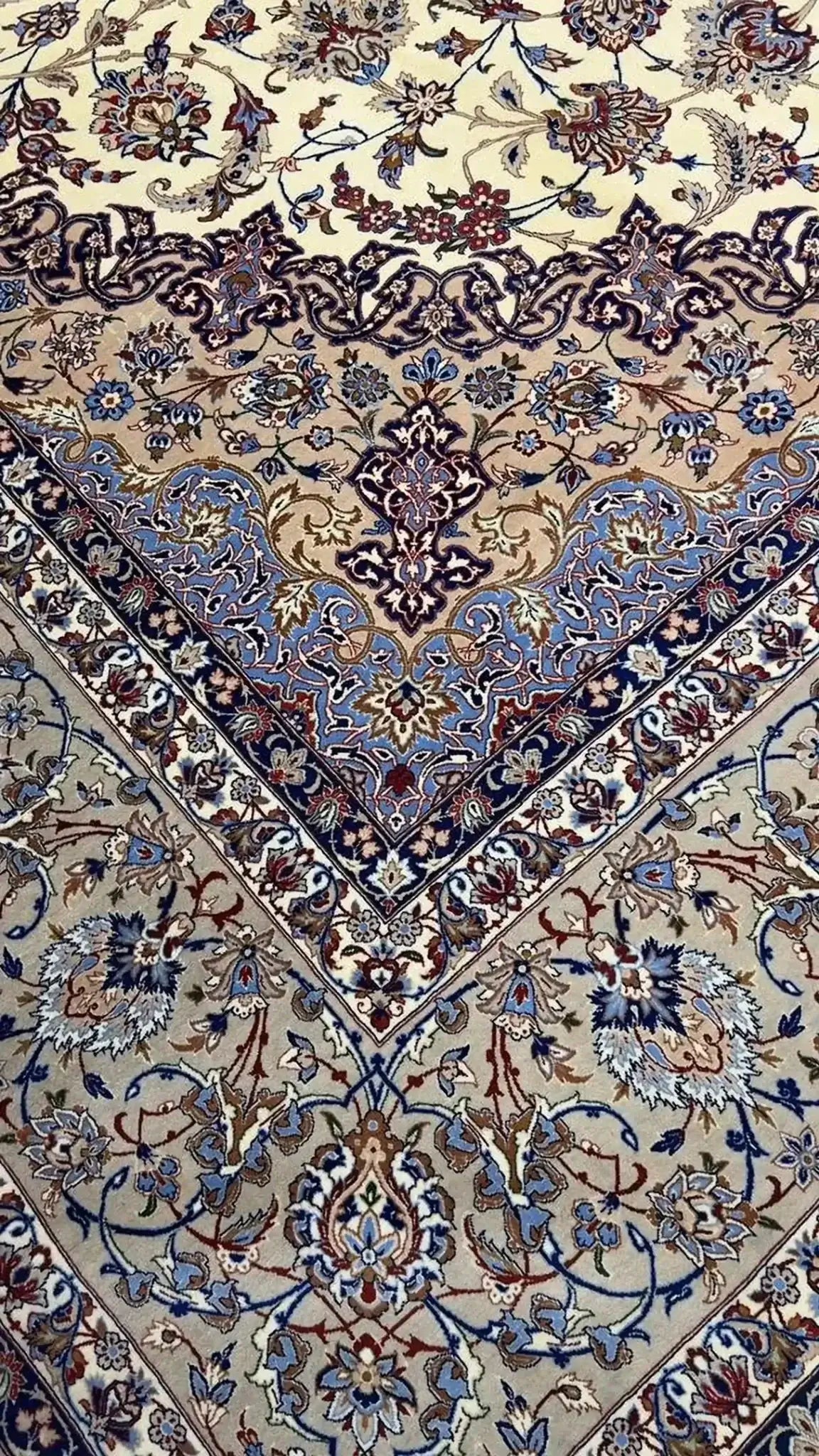 "Elegant Persian Rug by Zolfagharie, Hand-Knotted 60 Years Ago in Isfahan, Iran" – Emphasizing elegance, age, and origin.
