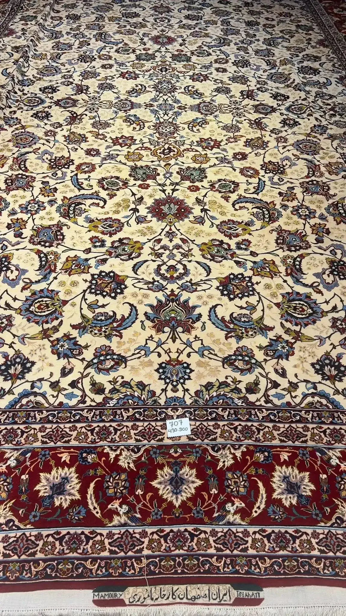 Close-up of an oriental carpet highlighting the interplay of red and blue in the border design