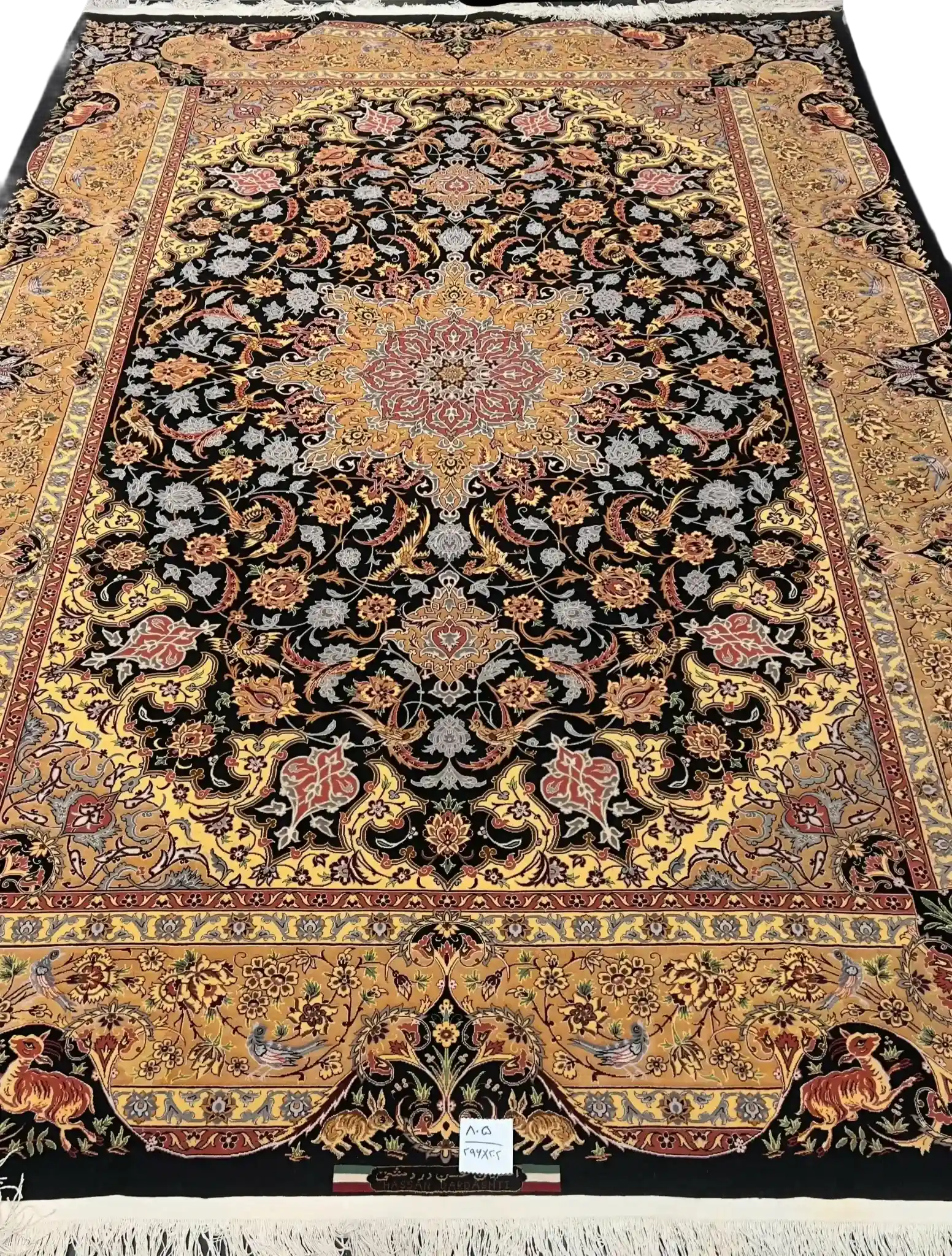 Sophisticated oriental rug by Dardashtie with a black and gold color scheme