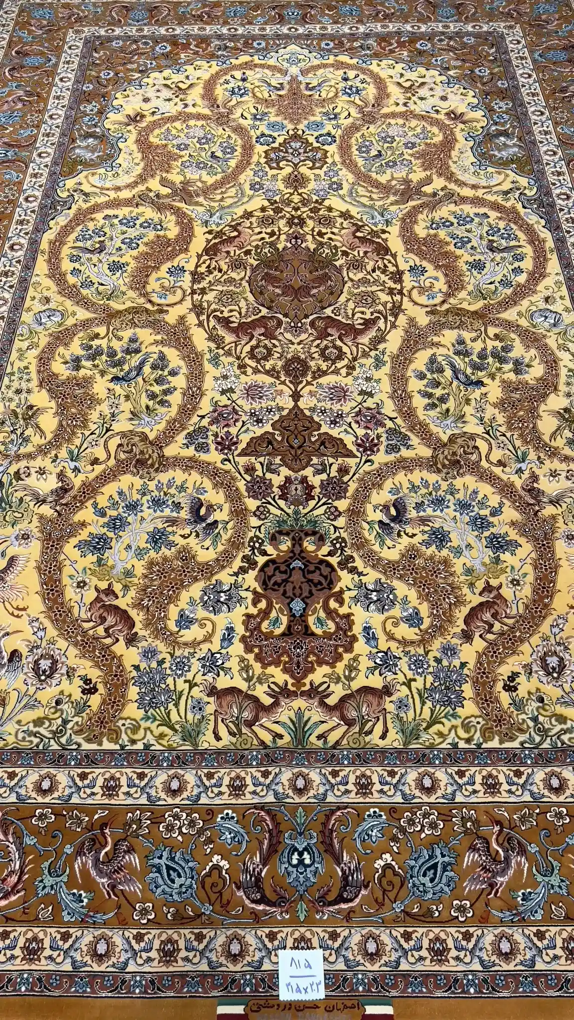 Dardashtie Golden Silk Rug featuring a prominent central medallion pattern