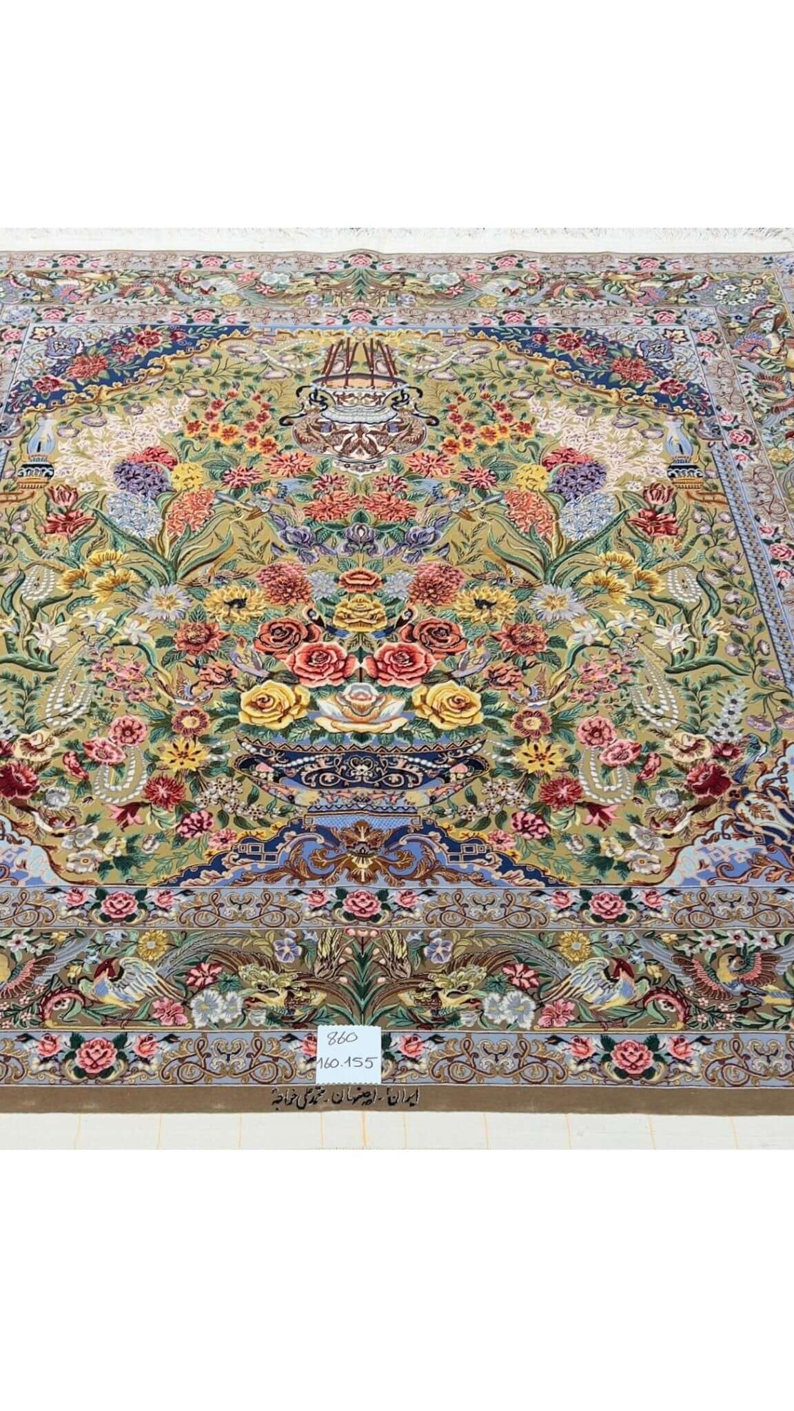 "Luxury Persian rug from Isfahan, crafted by Master Mohammad Ali Khajeh, showcasing a silk warp and wool-silk pile with intricate detailing. Dimensions: 160 x 155 cm."
