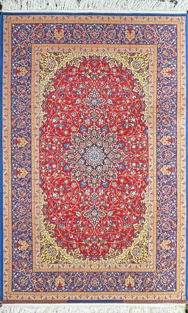 "Elegant hand-knotted Isfahan rug by Master N. Haghighie, crafted with silk and wool in a classic 8x10 size, showcasing intricate Persian design."

