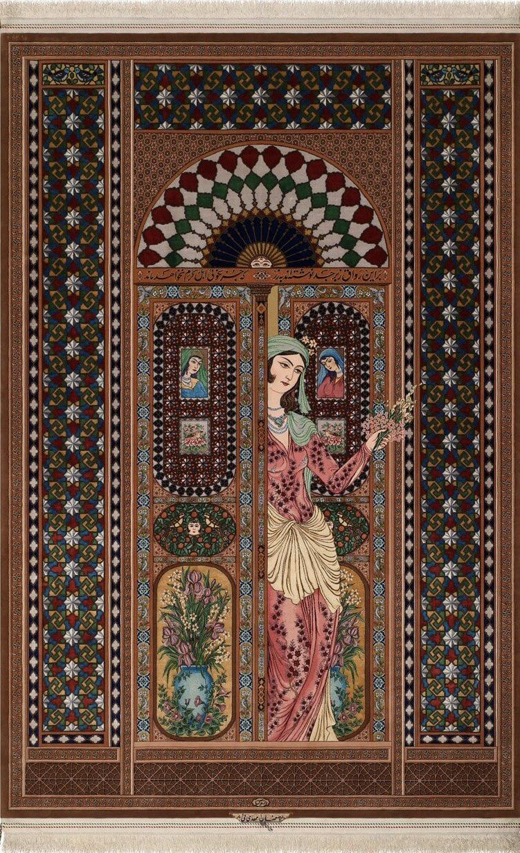 "Hand-knotted silk Persian rug designed by Akbar Mehdiee, blending silk and wool with intricate Isfahan patterns, size 235 x 158 cm."
