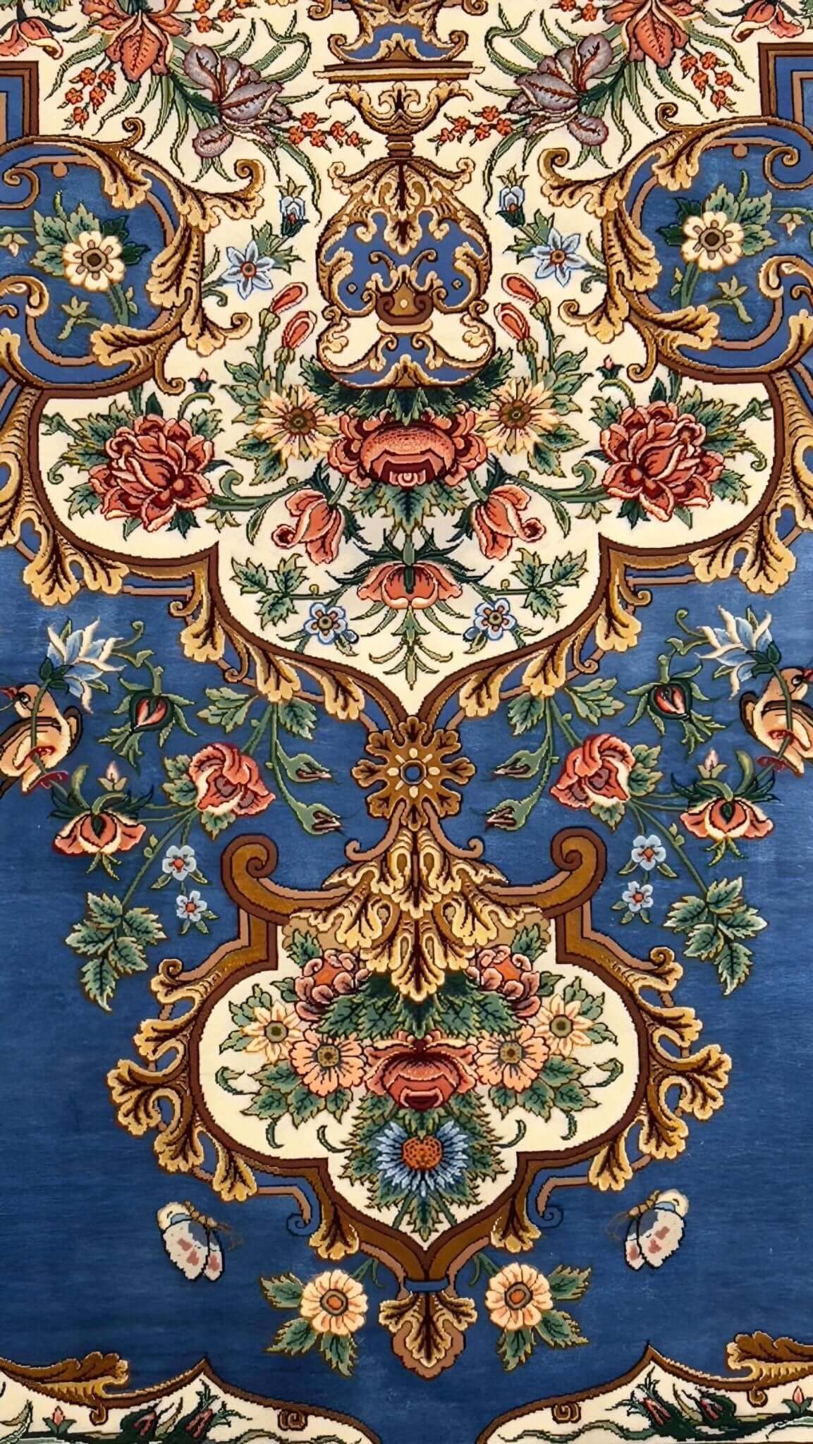 Luxurious blue and gold Persian silk runner featuring floral motifs by Akbar Mehdiee