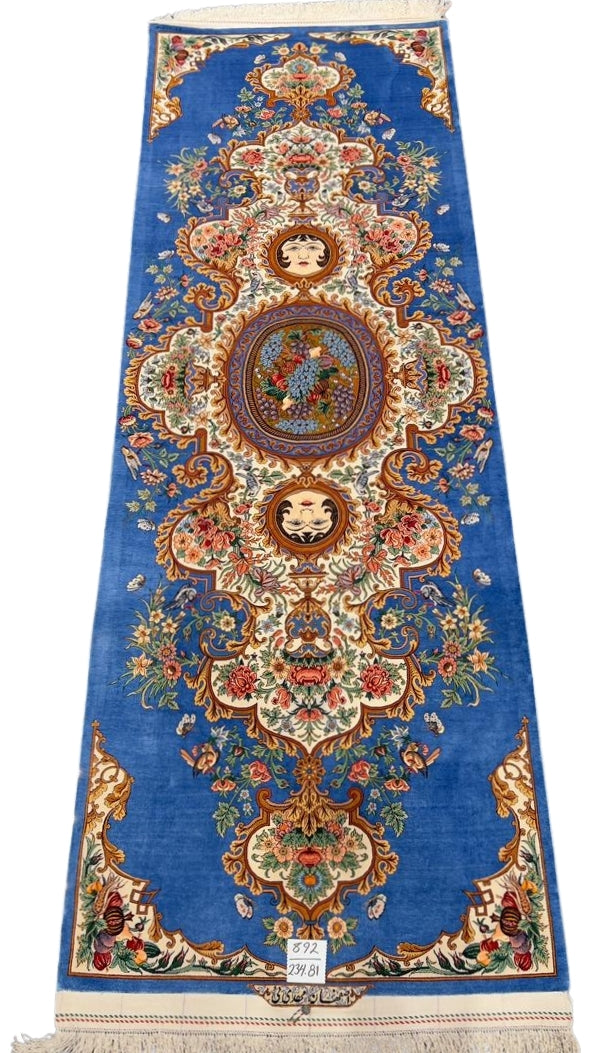 Elegant ornate blue Persian silk runner designed by Master Akbar Mehdiee