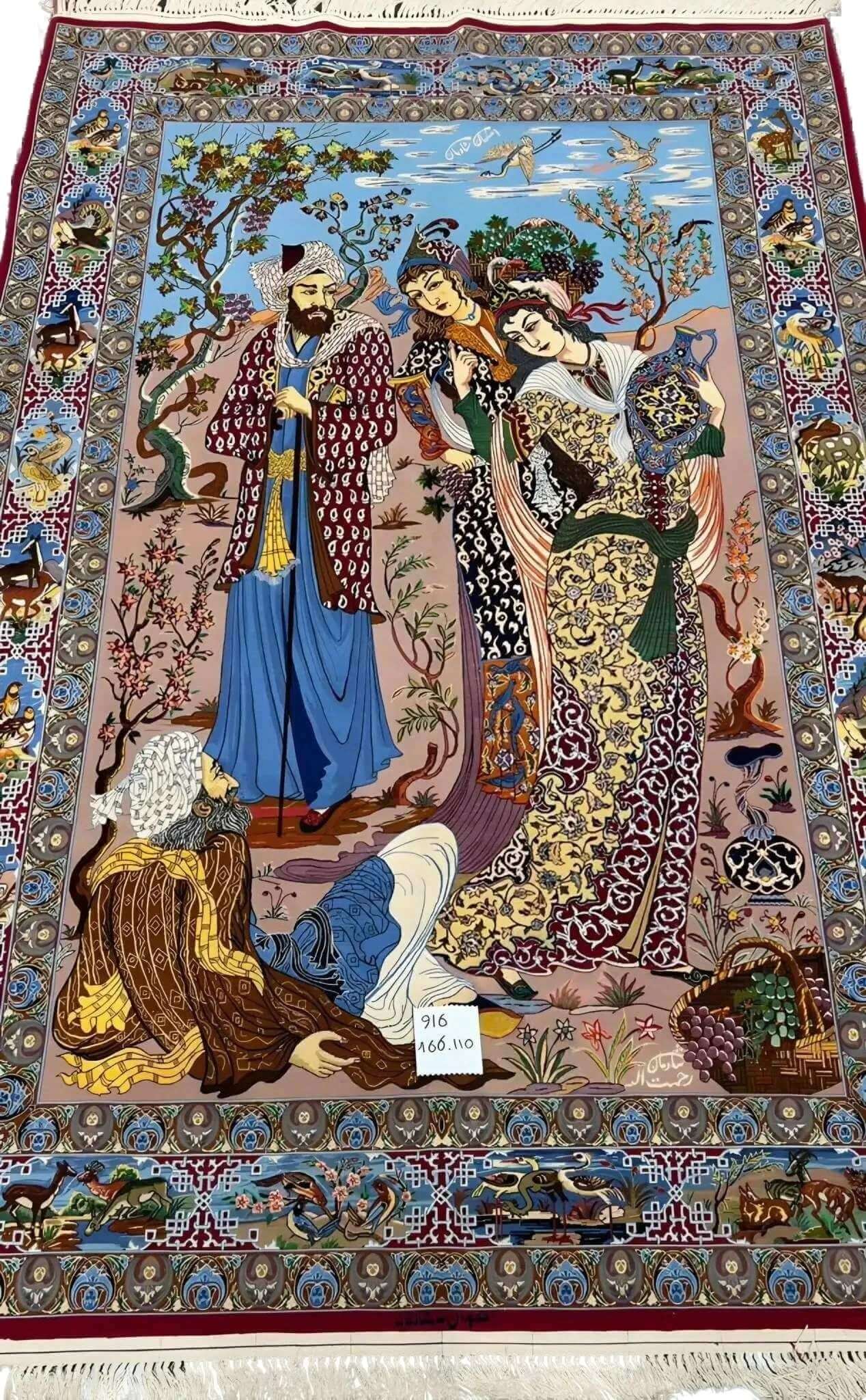 Close-up view of the intricate design on the Exquisite Masterpiece Pictorial Rug by Master Shadman, showcasing the figures of a woman and man