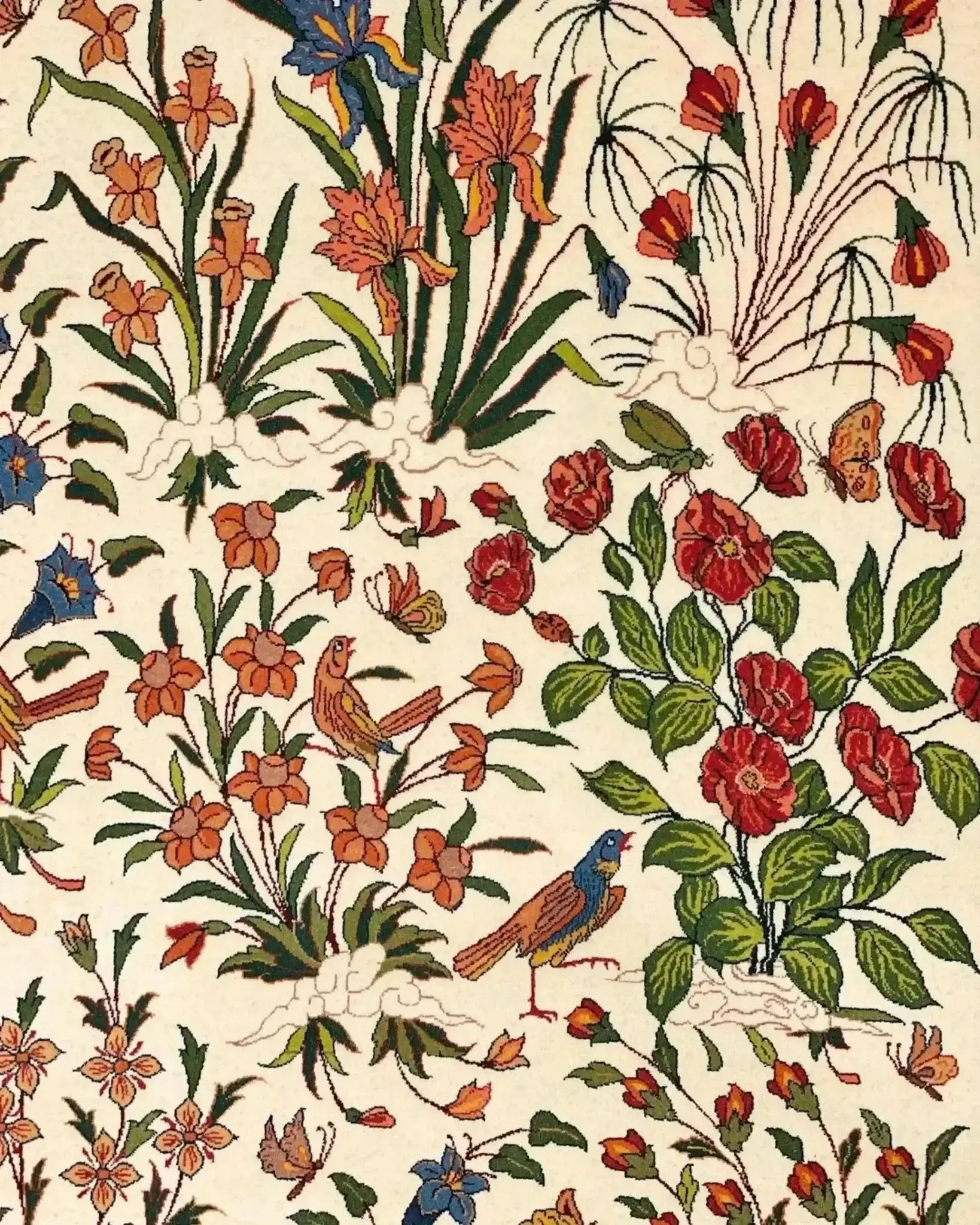 "Persian rug from Isfahan with delicate floral and bird motifs, made from a blend of silk and wool, 240x160 cm."

