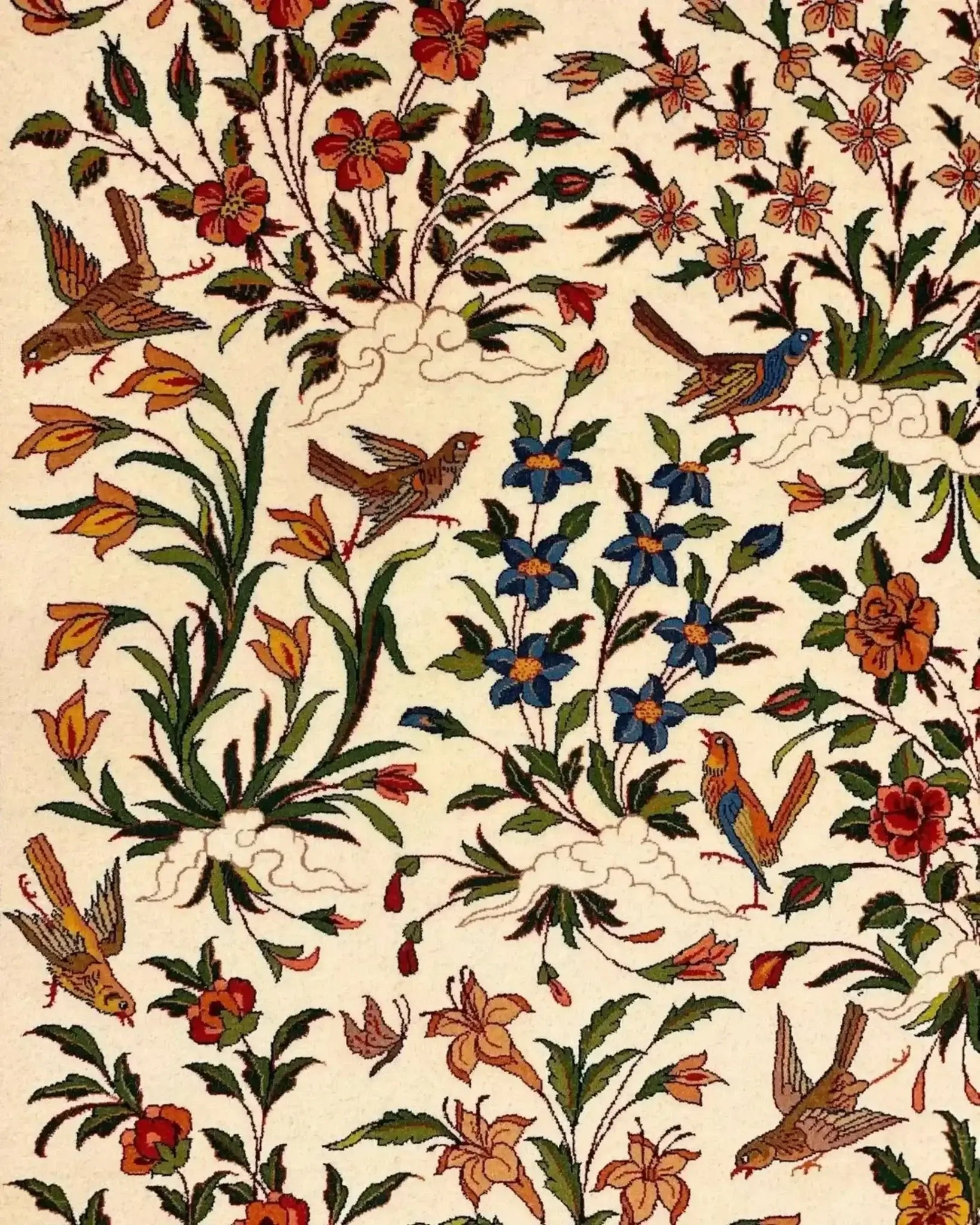 "Authentic Isfahan Persian rug crafted by Ahmad Shahbpour, featuring floral patterns in silk and wool, 7.9x5.2 feet."
