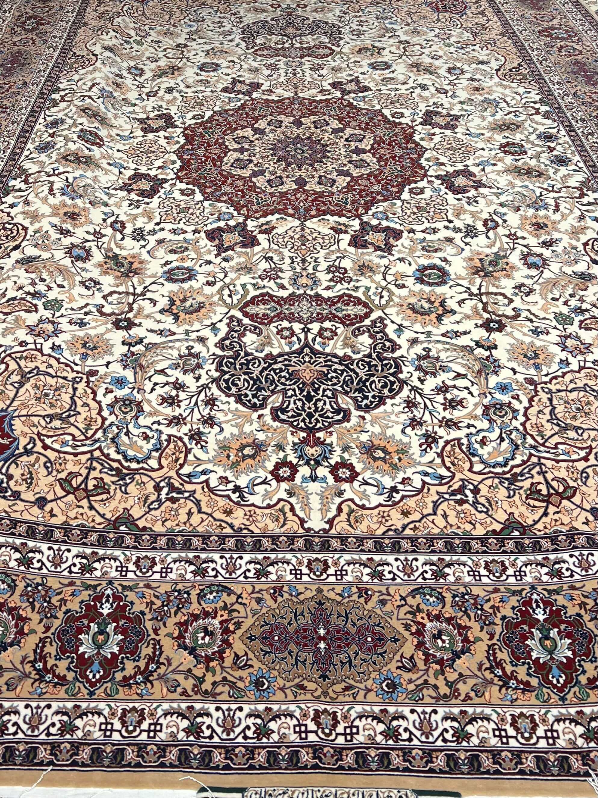 "Traditional Isfahan rug crafted with natural dyes and fine silk warp."
