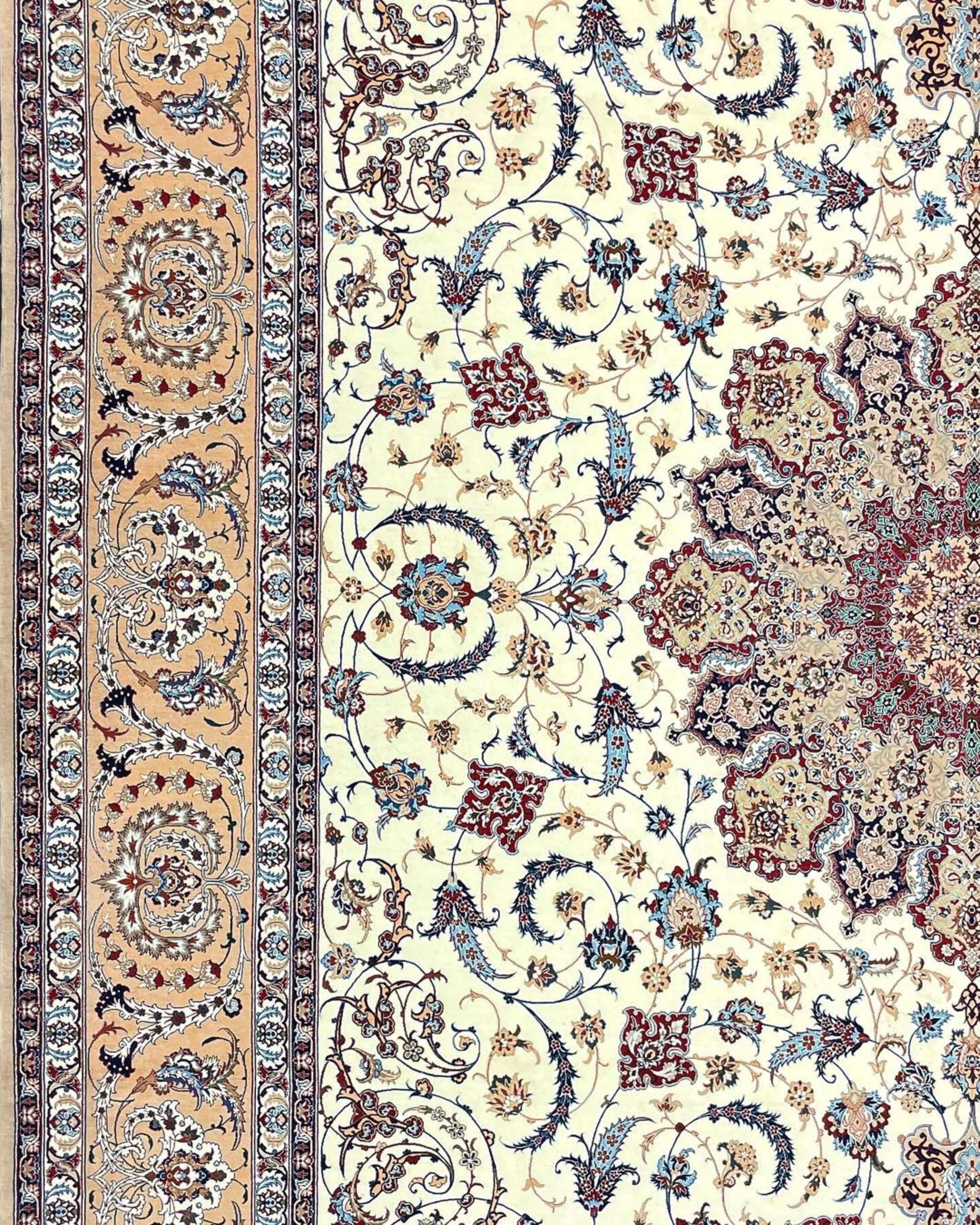 "High-knot-density rug (1,440,000 knots/m²) with intricate floral patterns and silk foundation."
