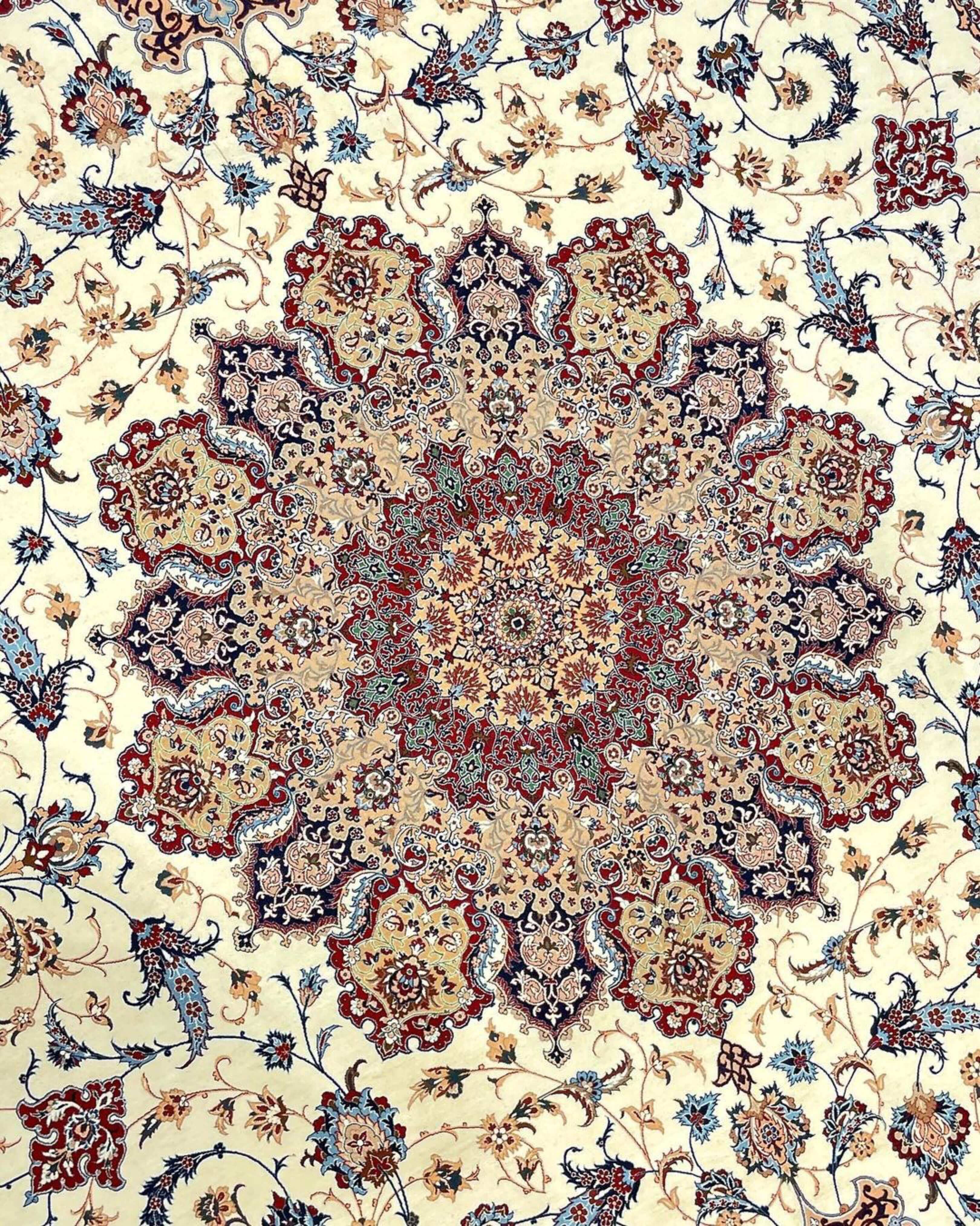 "Elegant Isfahan rug with wool and silk blend, designed for sophisticated interiors."
