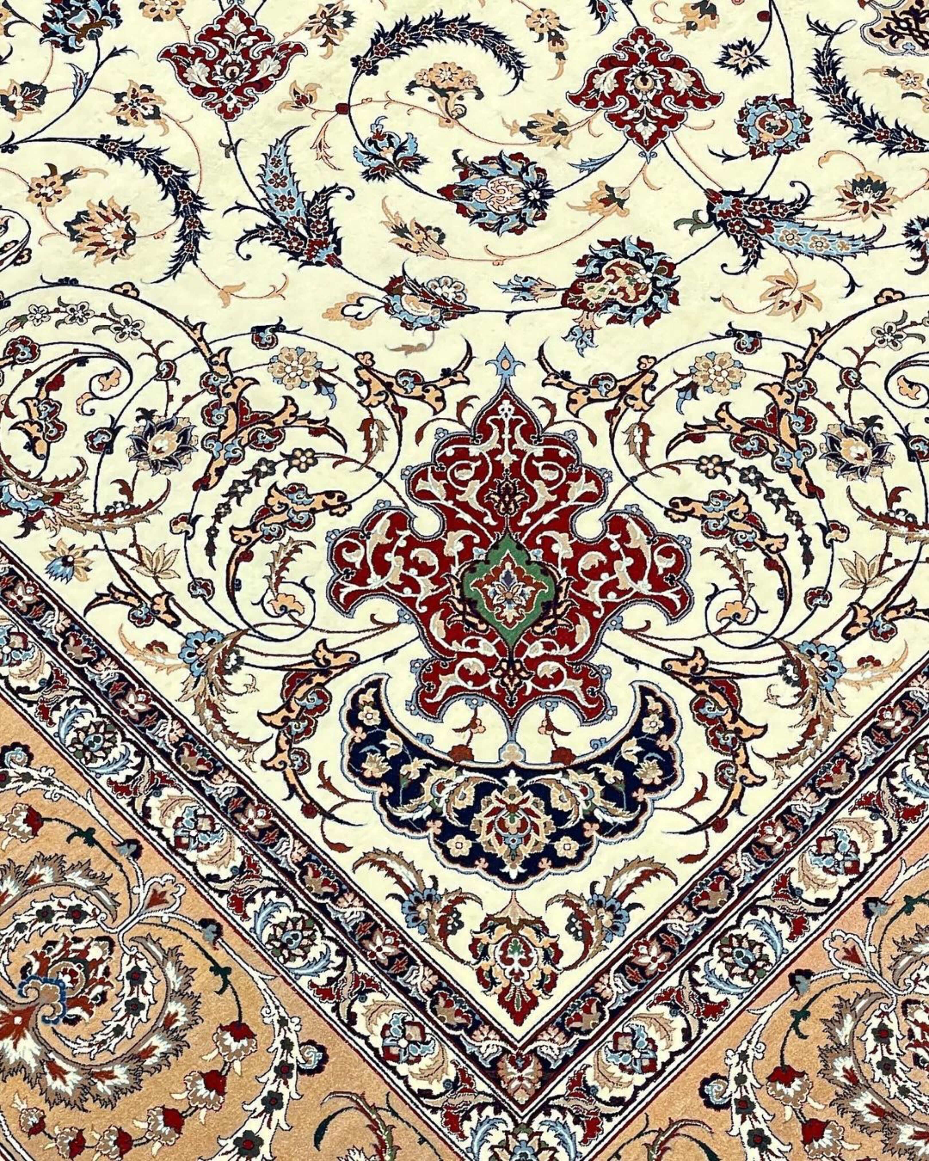 "Large handmade Persian rug measuring 360x260 cm with vibrant natural dye colors."
