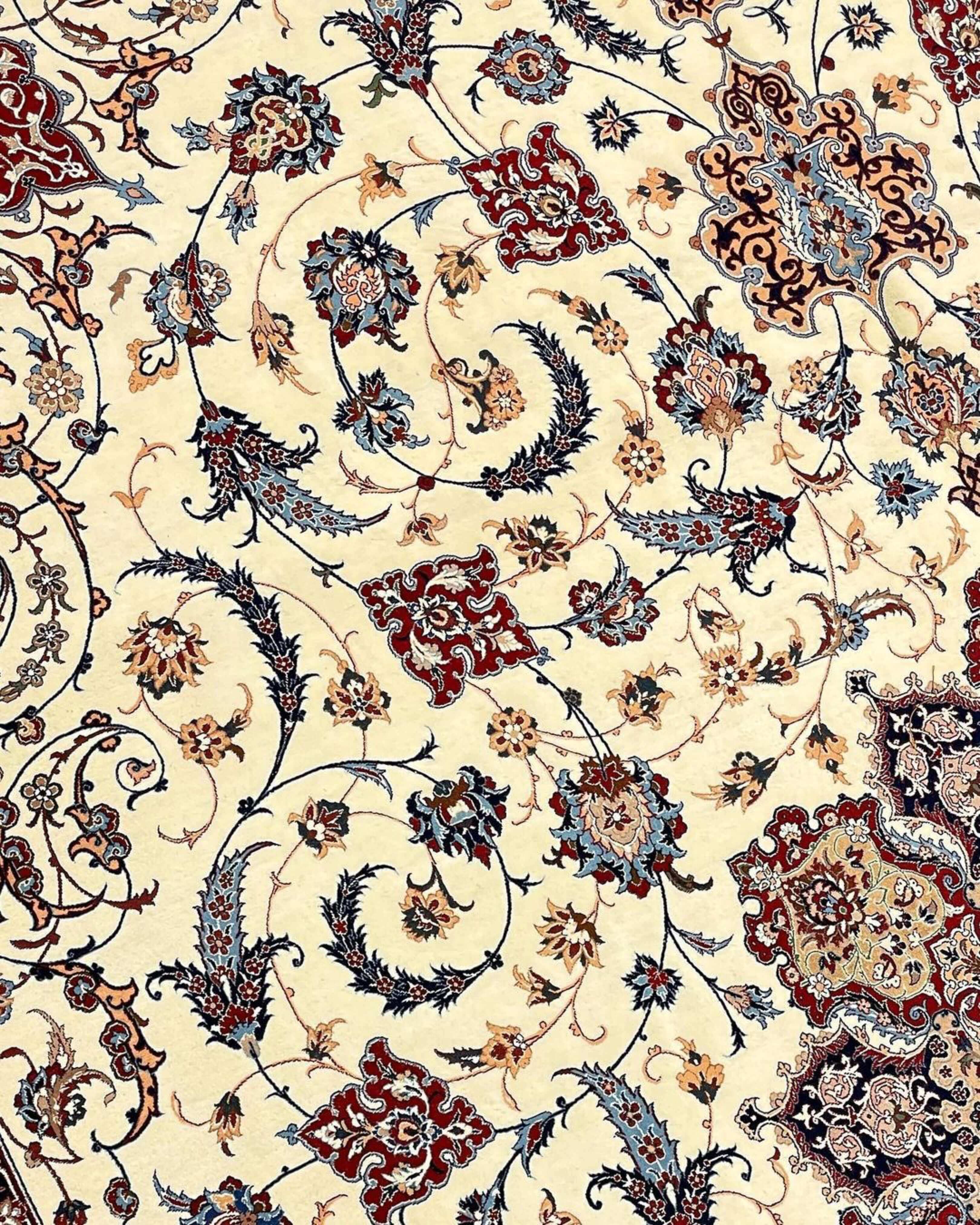 "Handcrafted Persian carpet with intricate floral motifs on a cream background."
