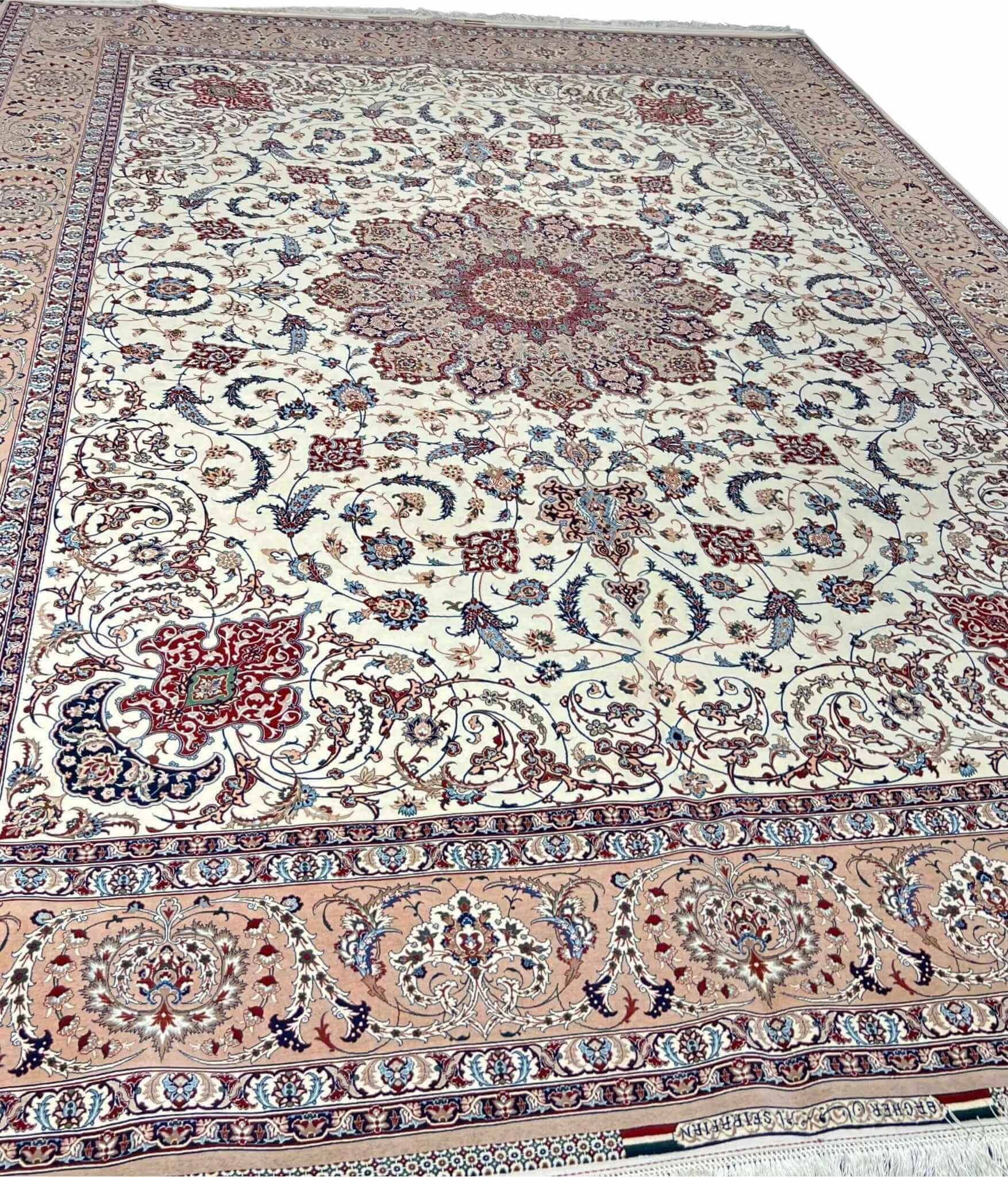 "Authentic Persian silk and wool rug by Master Bagher Seirafian, crafted in Isfahan."
