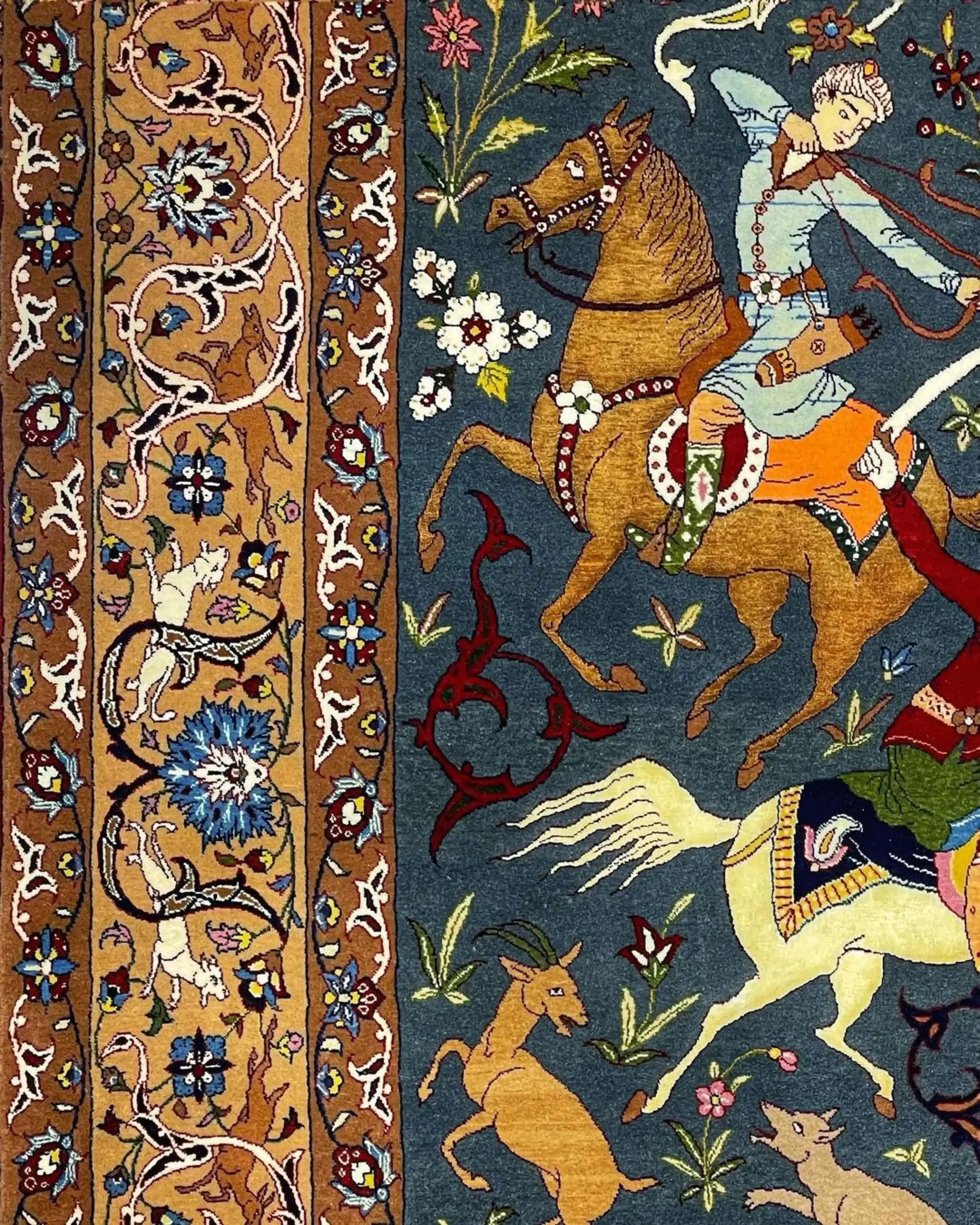 Luxury Persian rug showcasing vibrant hunting designs and floral patterns.
