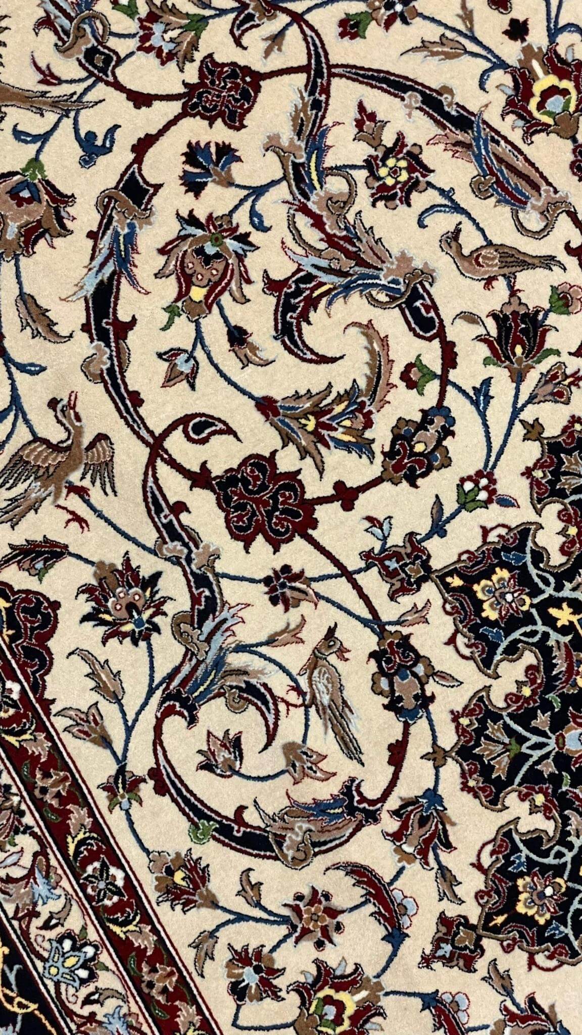 Unique Seirafian rug with floral and bird patterns, ideal for luxury home décor.
