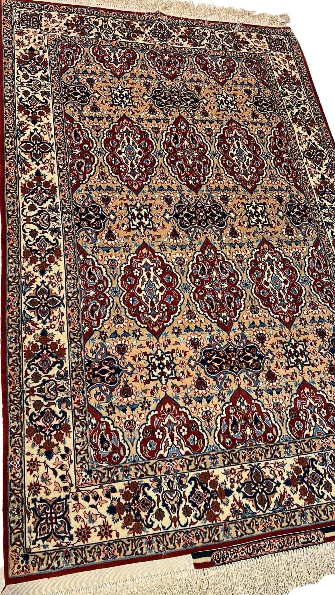"Hand-knotted Seirafian Persian rug in pristine condition, crafted with a detailed floral pattern and medallion design."

