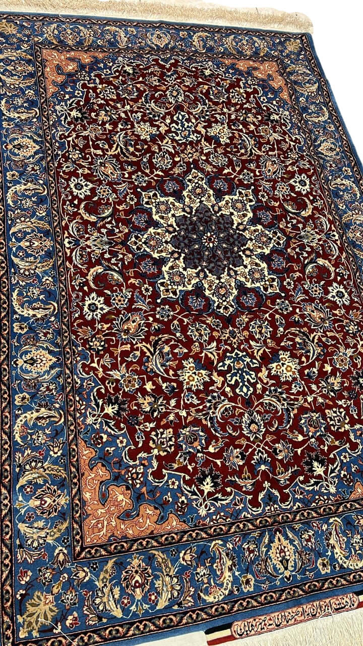 "Exclusive Seirafian Persian masterpiece, handwoven by Master Ahmad Seirafian, featuring intricate floral patterns and luxurious materials."
