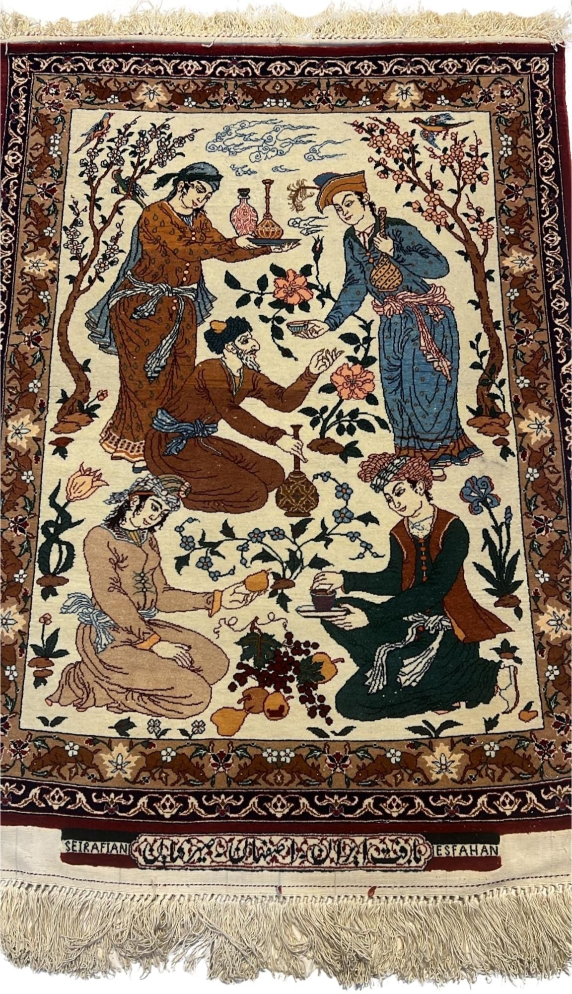 Seirafian 2x3 beige pictorial Persian carpet showcasing intricate hand-knotted design by Master Hassan Seirafian.

