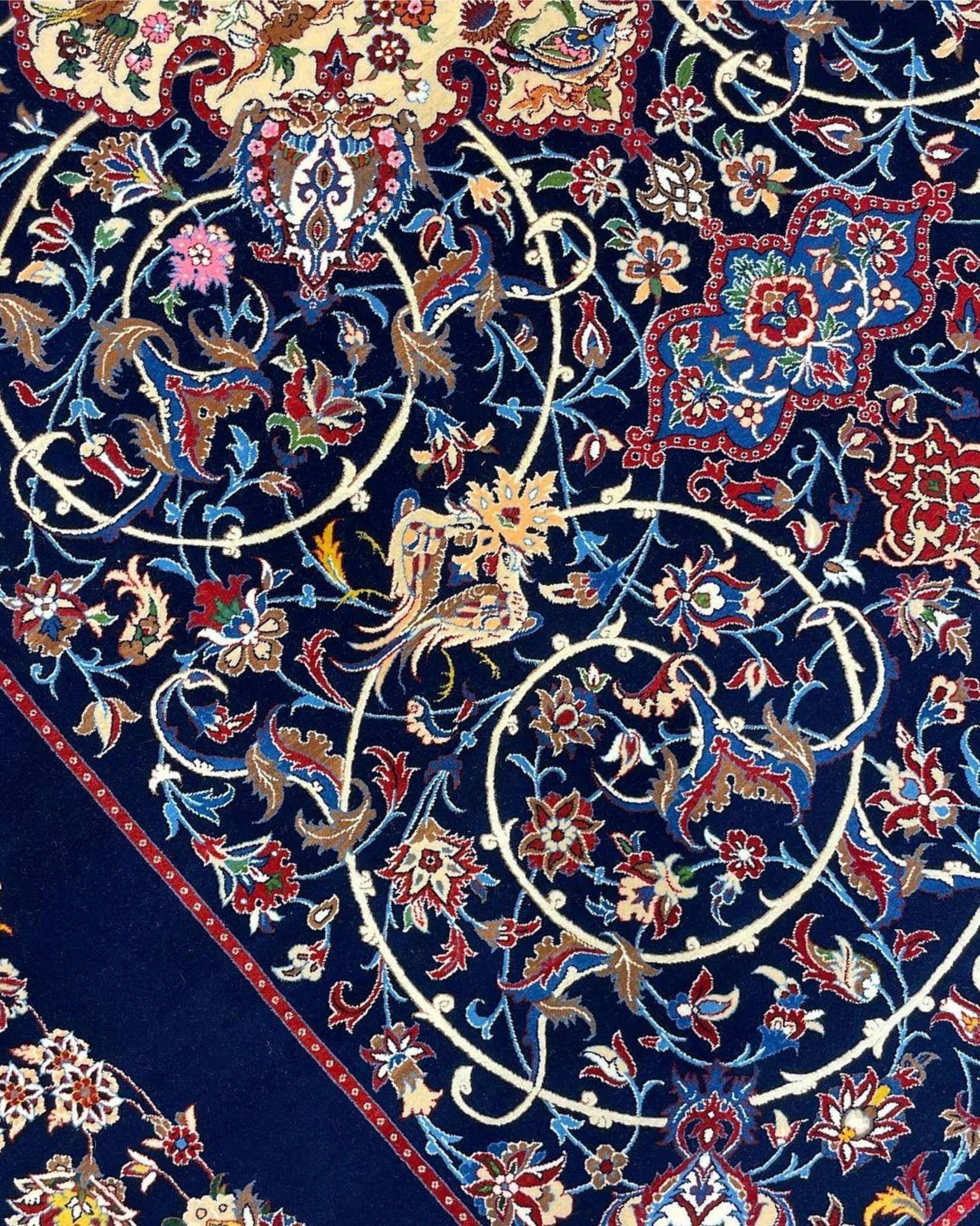 "High-knot-density Persian rug with navy field and detailed borders."
