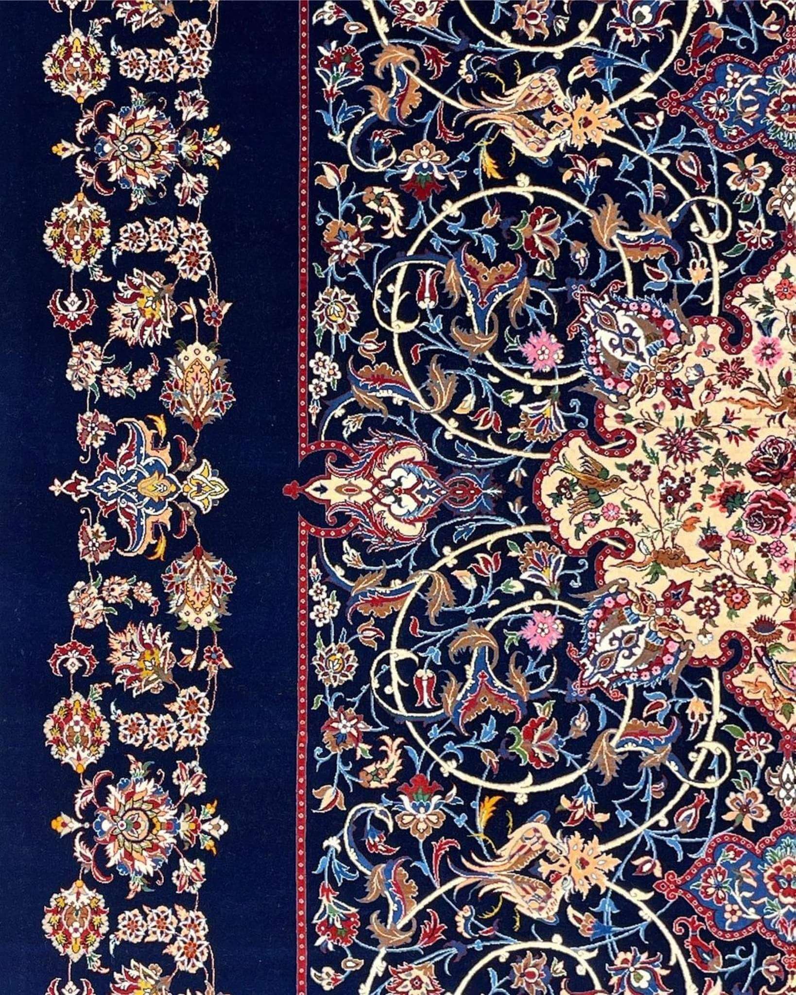 "Close-up of floral details on a silk and wool Seirafian Persian rug."
