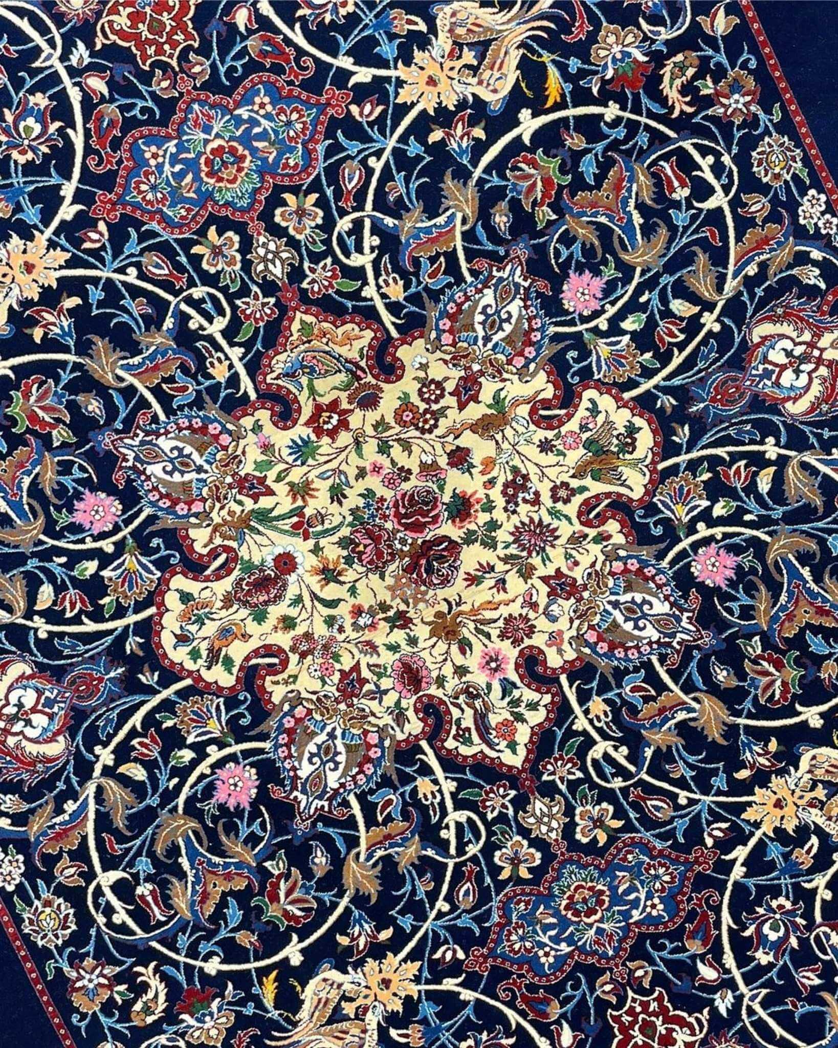 "Elegant Seirafian rug in navy blue with traditional Persian design."
