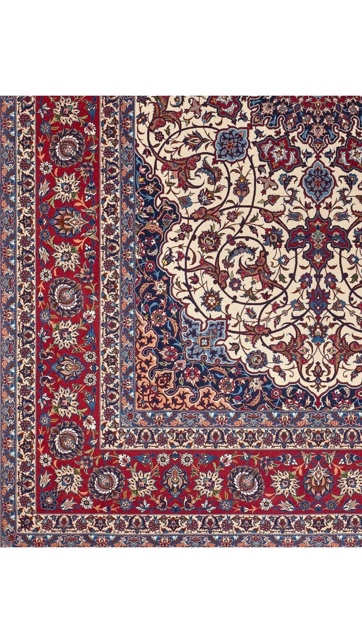 Large handwoven Seirafian carpet with a flawless combination of vibrant red borders and a detailed ivory center.
