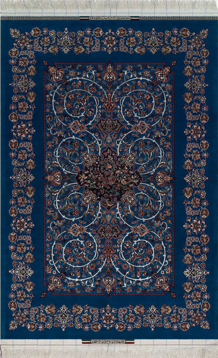 Handmade Persian rug by Bagher Seirafian in navy blue with intricate floral medallion design.
