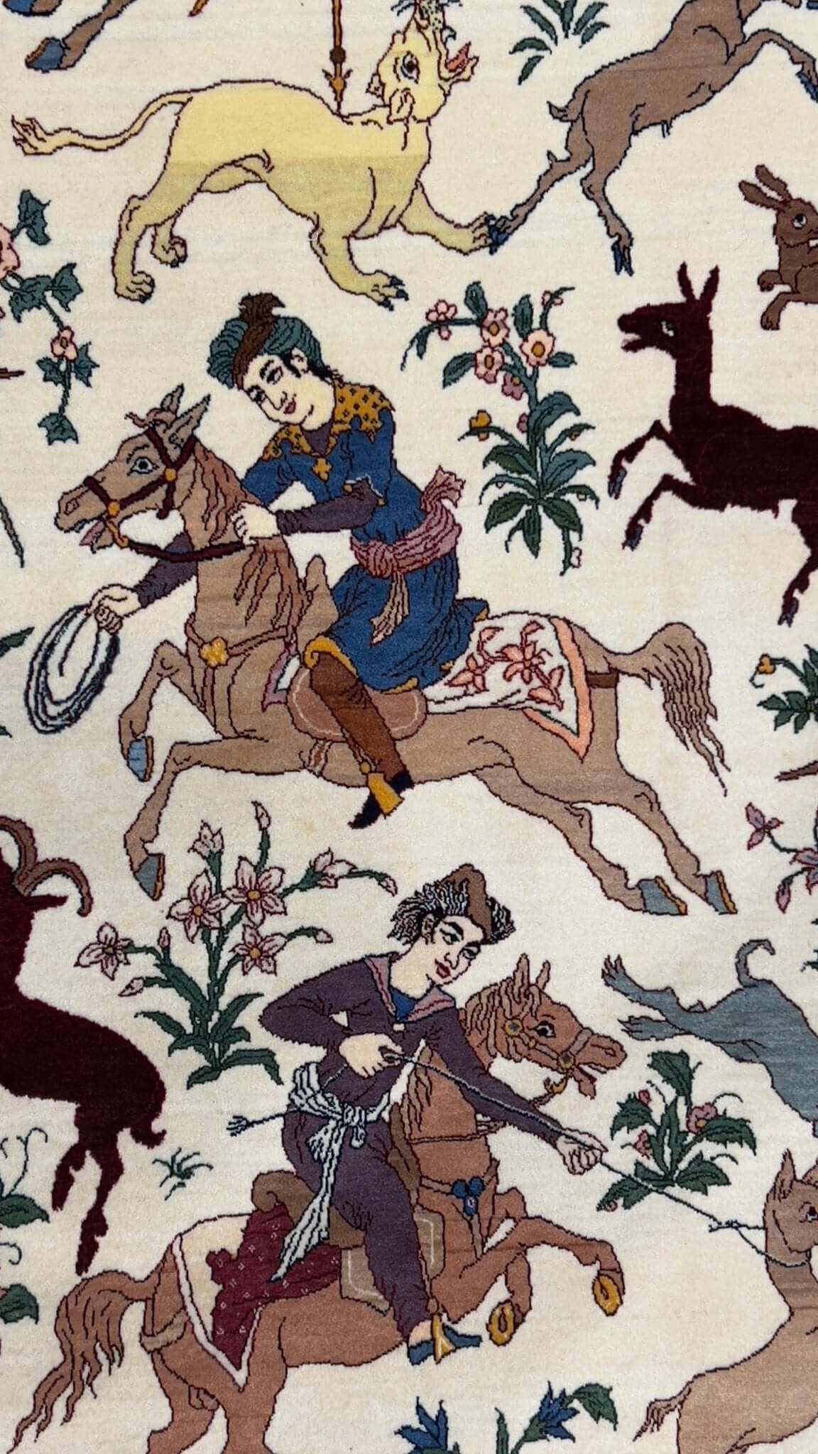 "Luxury Persian hunting scene carpet, perfect for living rooms or study spaces."
