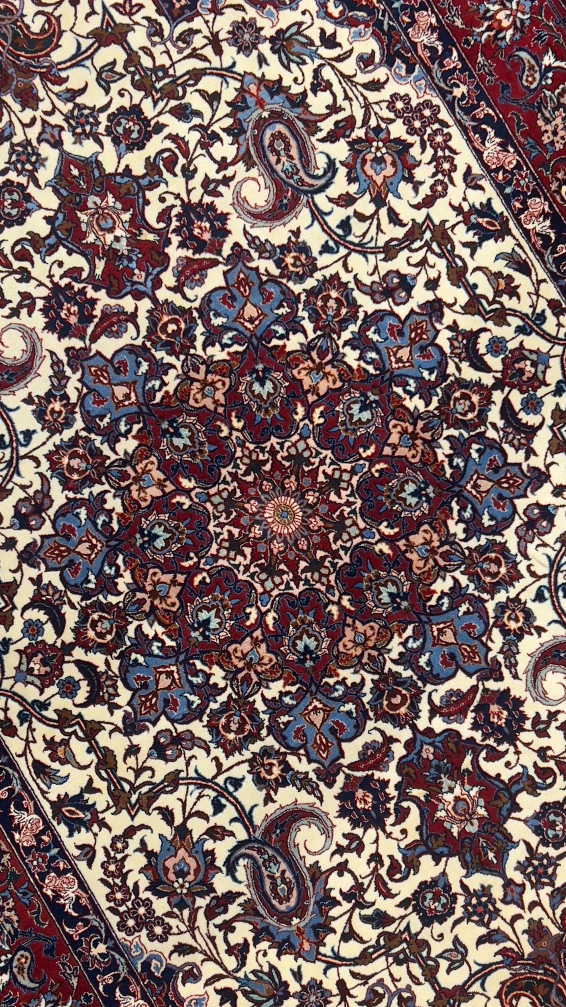 Seirafian area rug with intricate knotwork and a bold color contrast.
